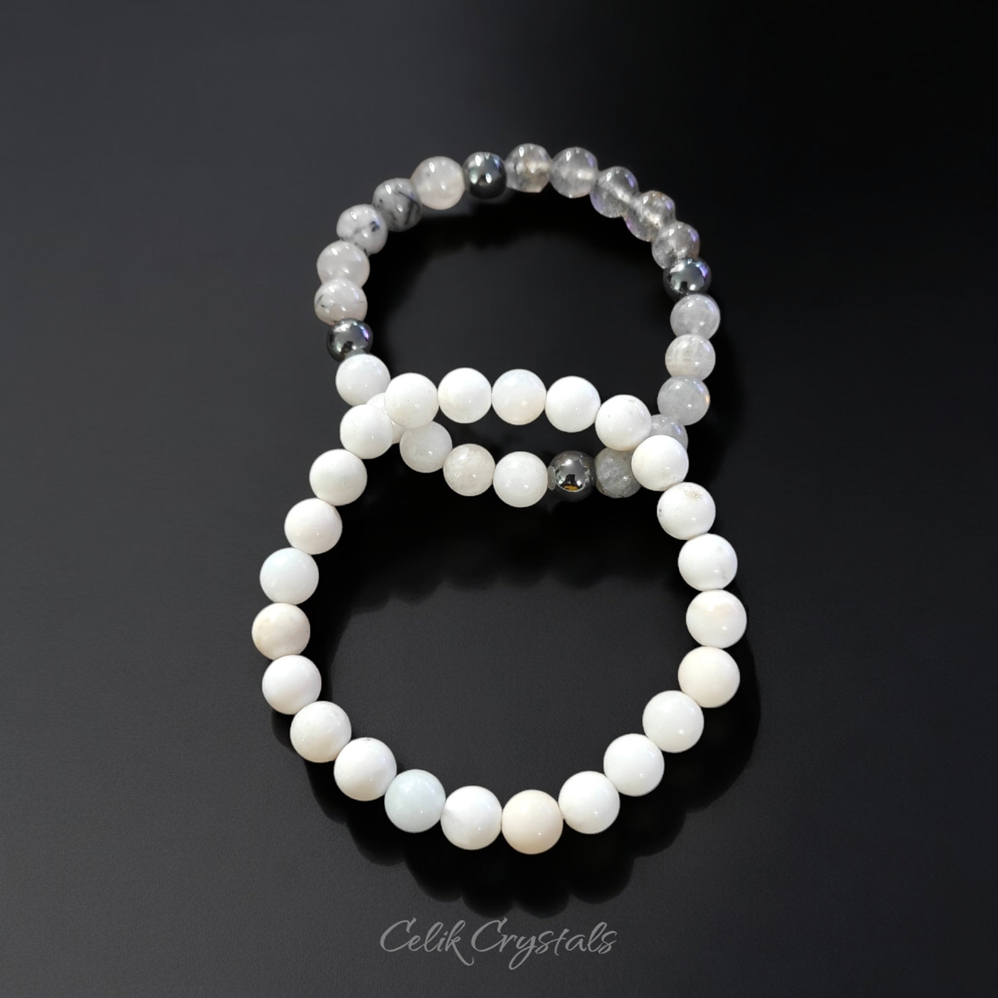 White Opal Crystal Bracelet Stack 8mm Natural Stones Stretches