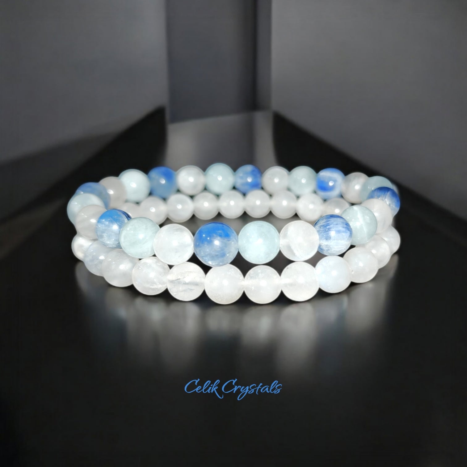 Kyanite, Aquamarine, Moonstone Bracelet Stack 2 Pieces 8mm Unisex