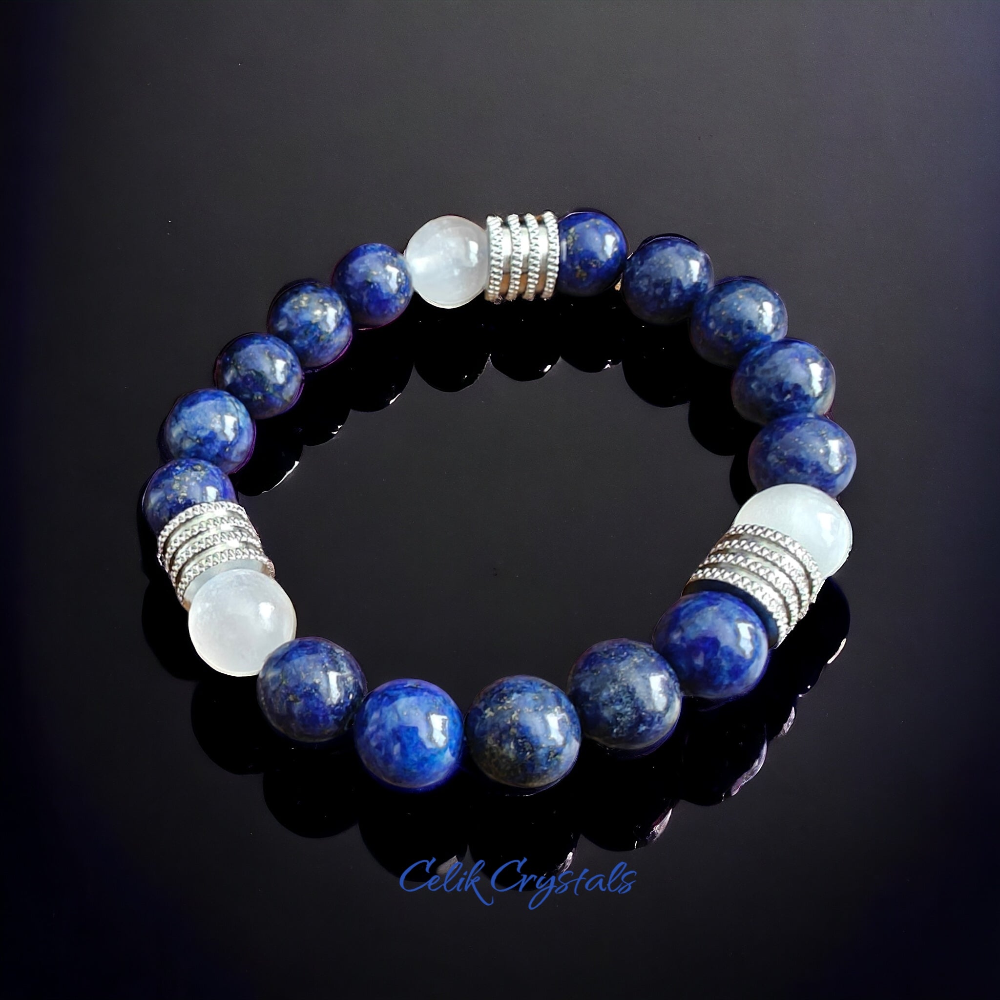 Lapis Lazuli and Selenite Bracelet 10mm Natural Stones Stretch Crystal Bracelet