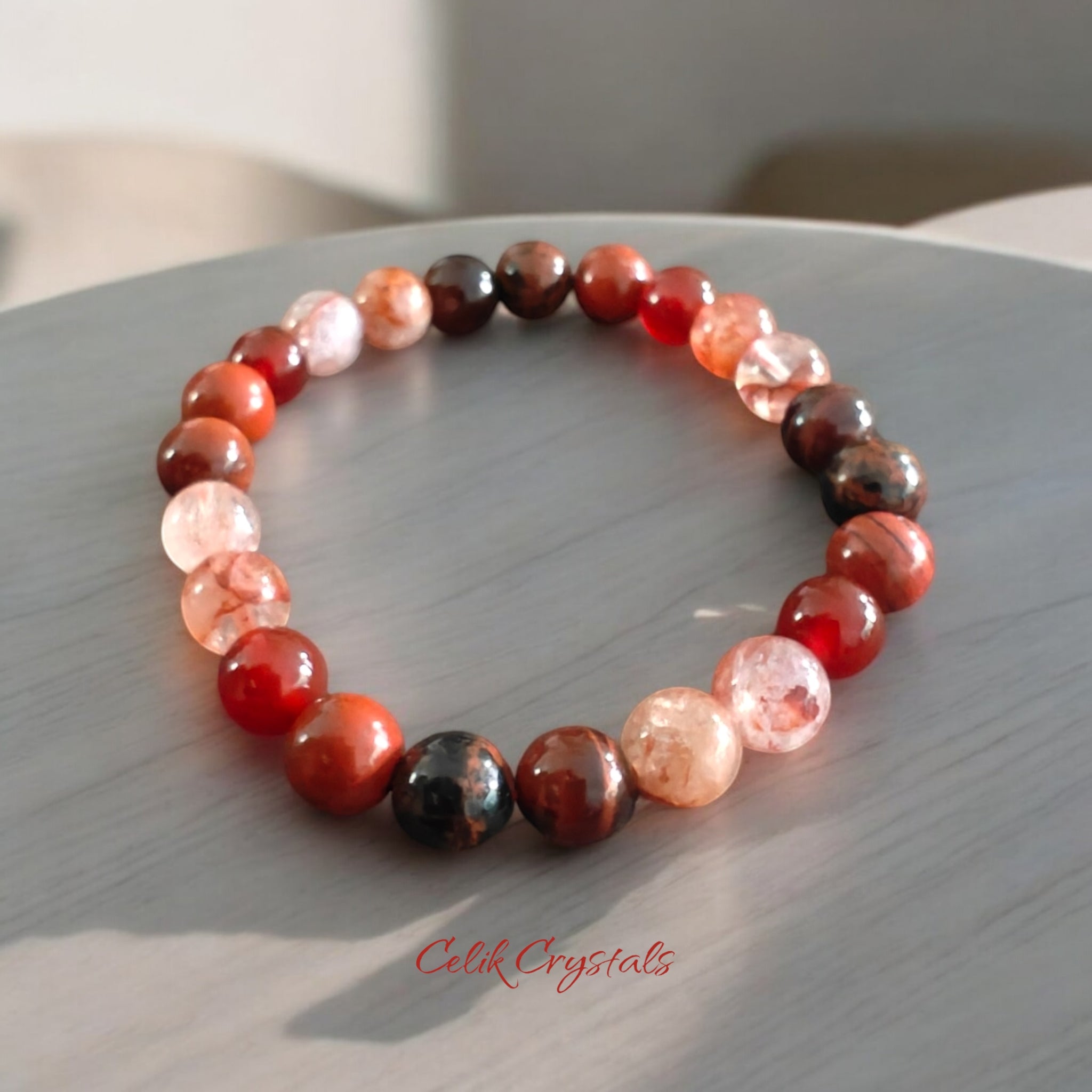 Red Crystal Bracelet with Red Tiger Eye, Carnelian, Mahogany Obsidian, Red Jasper and Fire Quartz