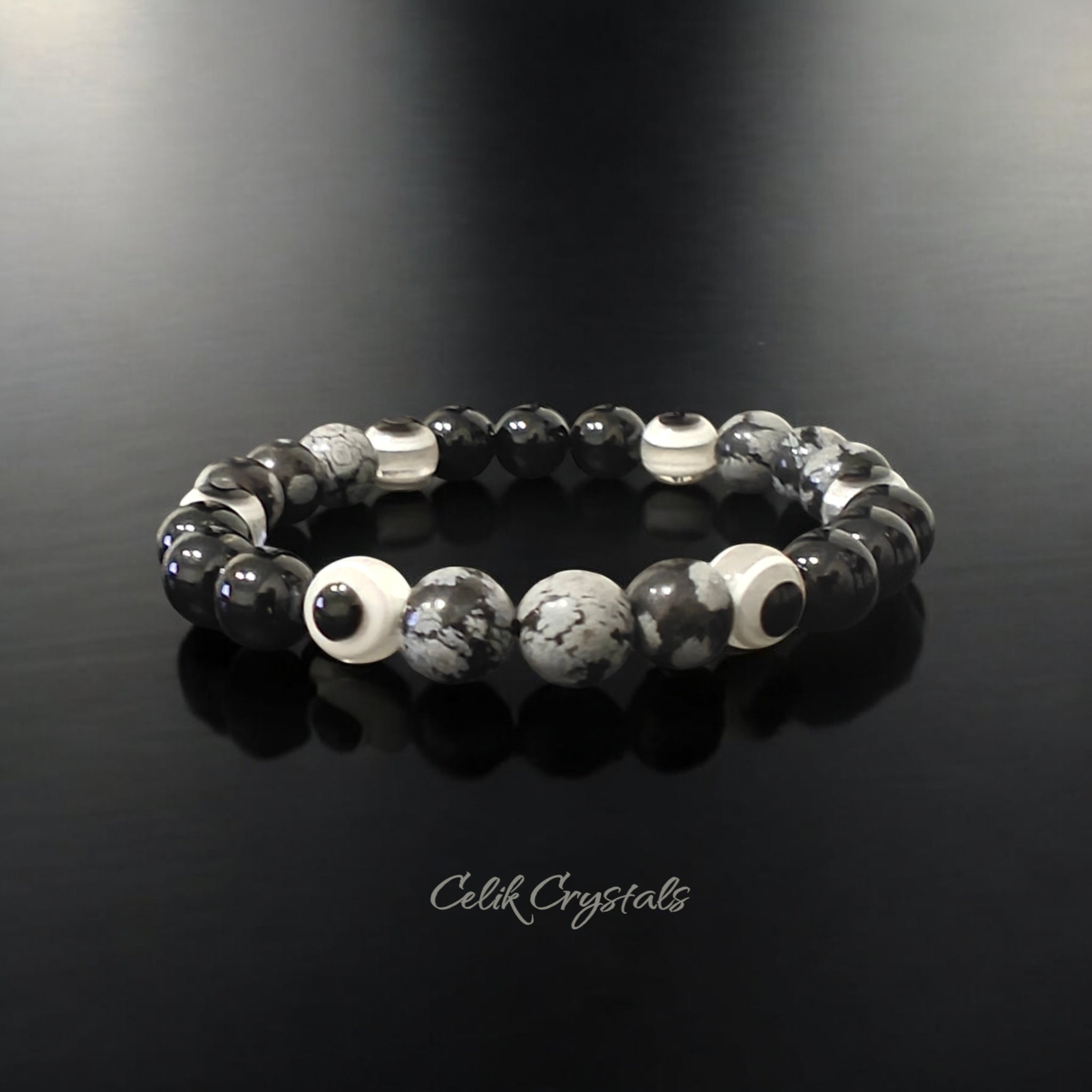 Evil Eye Bracelet with Silver Obsidian and Black Tourmaline 8mm Stretch Bracelet