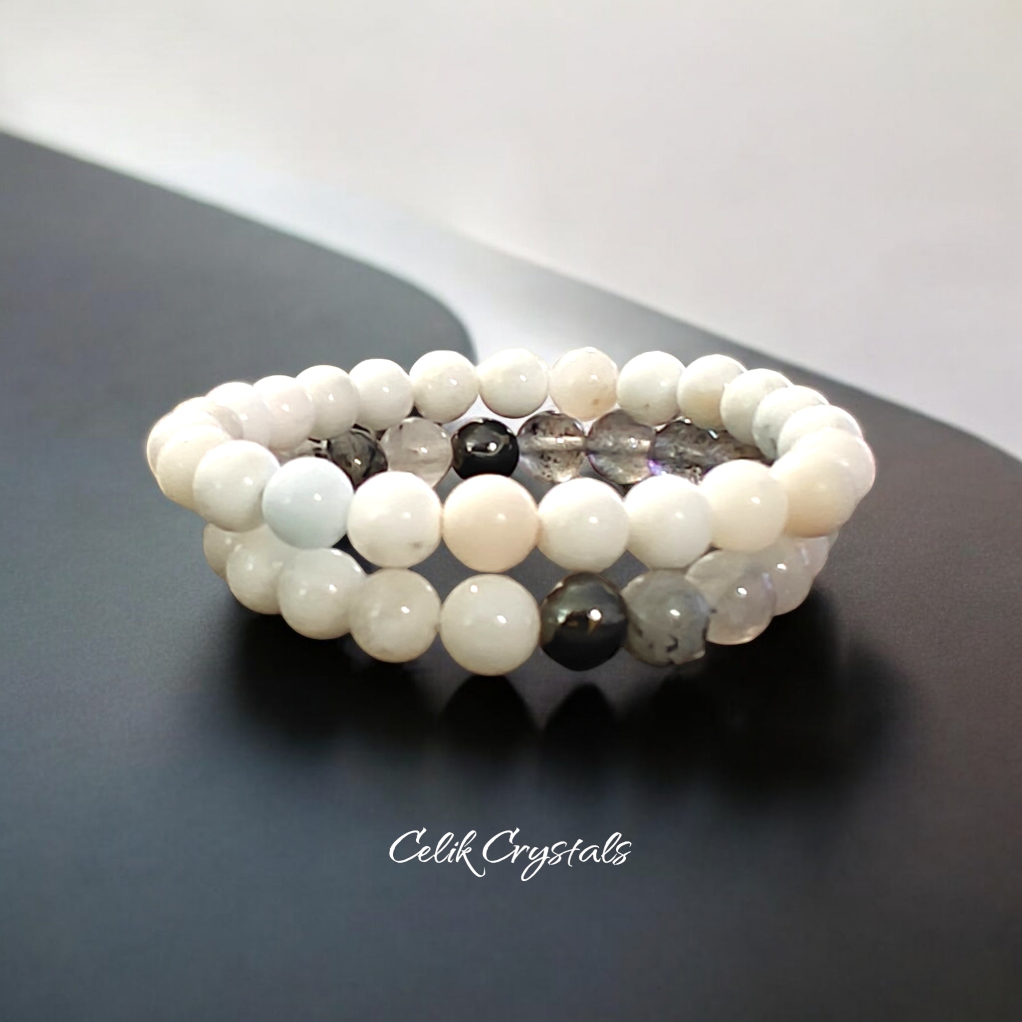 White Opal Crystal Bracelet Stack 8mm Natural Stones Stretches