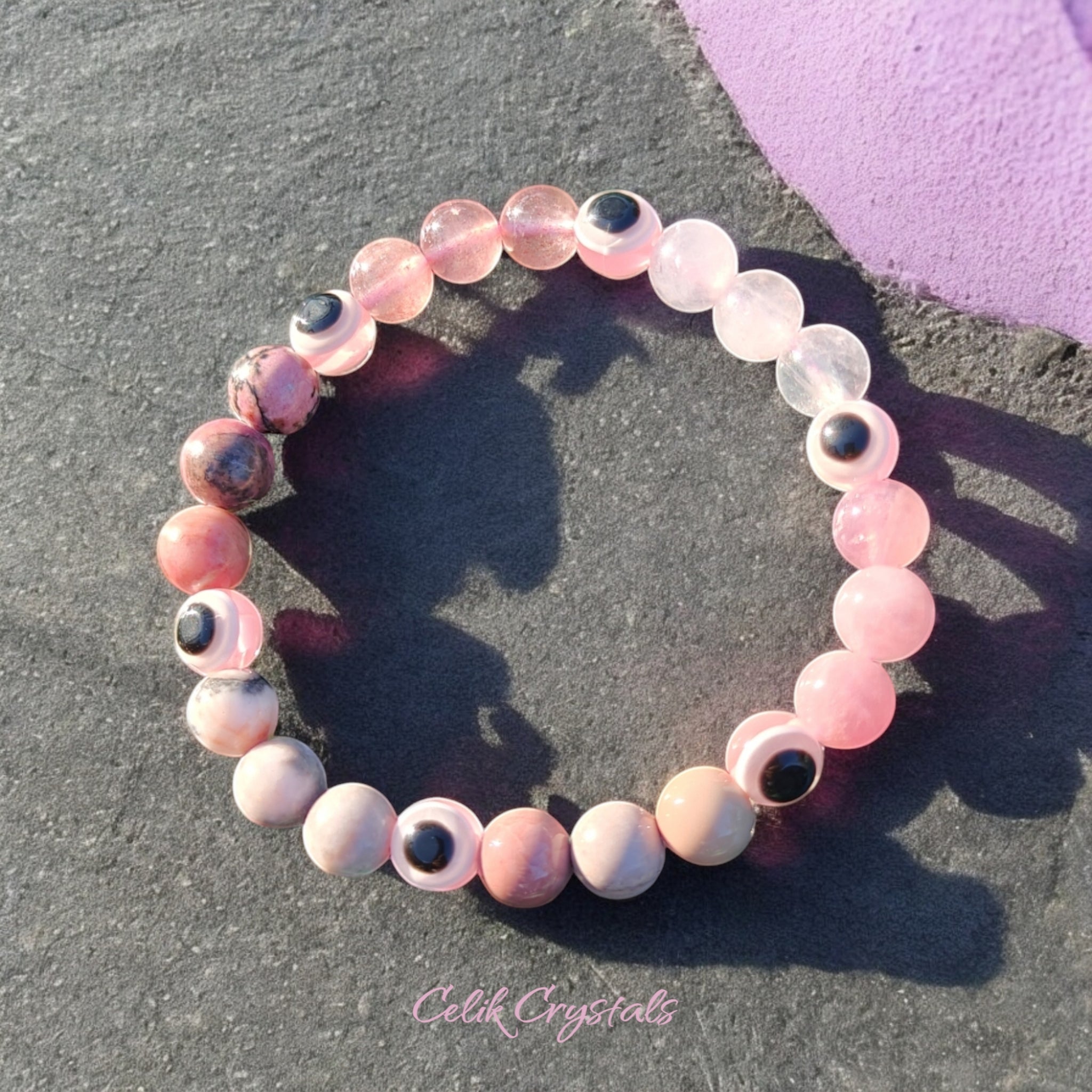 Pink Evil Eye Stretch Bead Bracelet 8mm