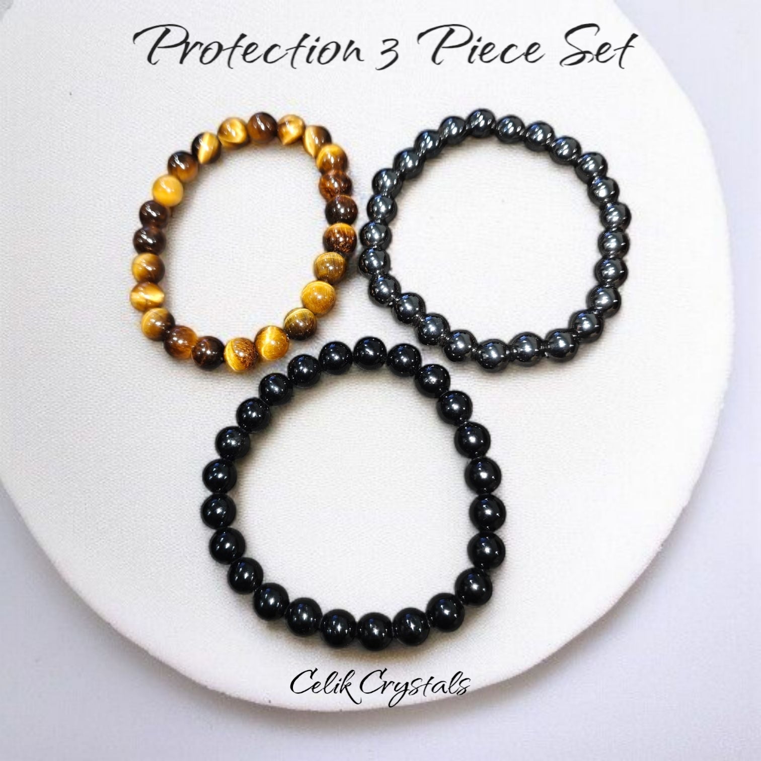 3 Piece Protection Bracelet Set With AAA Tiger Eye, Hematite and Black Tourmaline