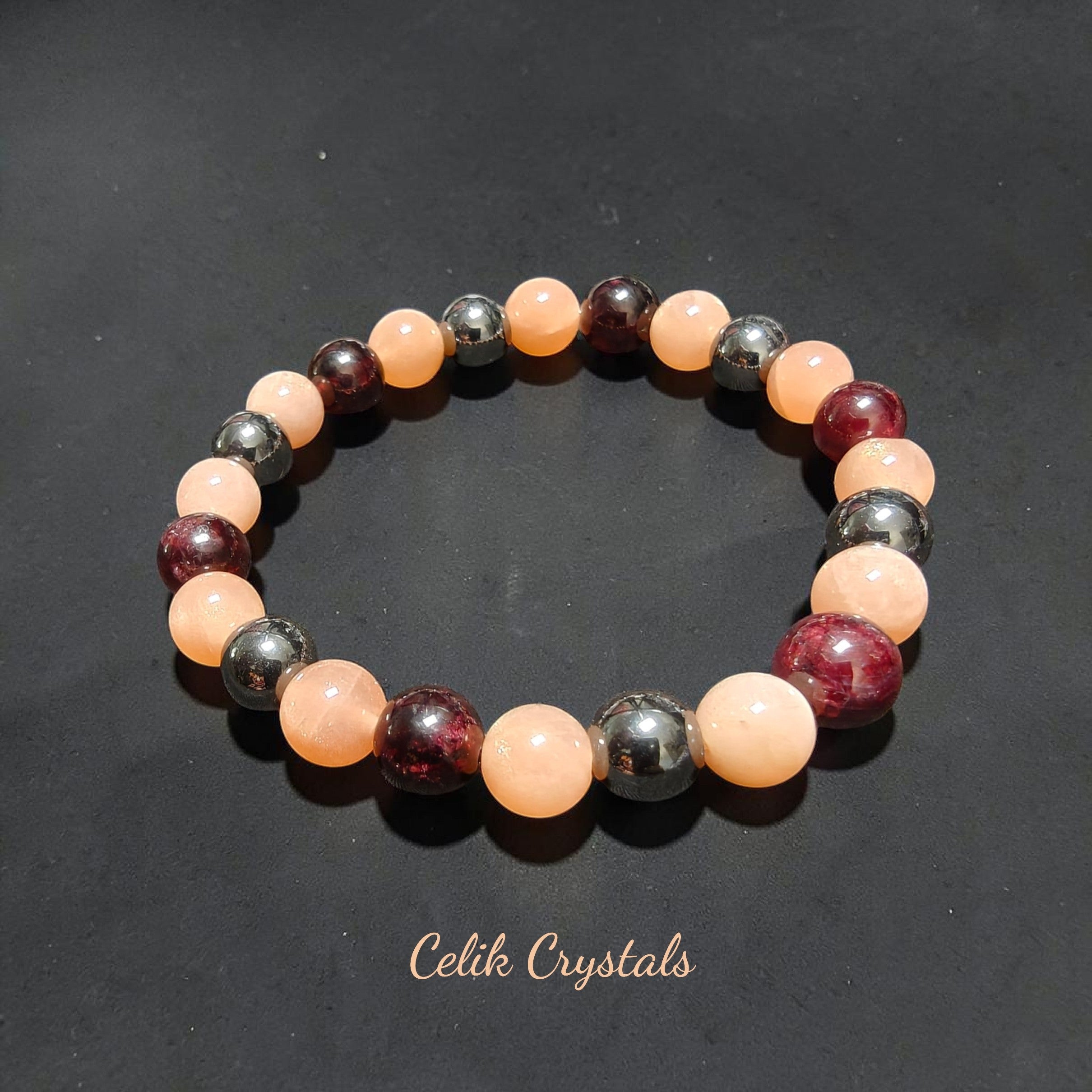 Garnet Peach Moonstone Hematite Bracelet 8mm Unisex