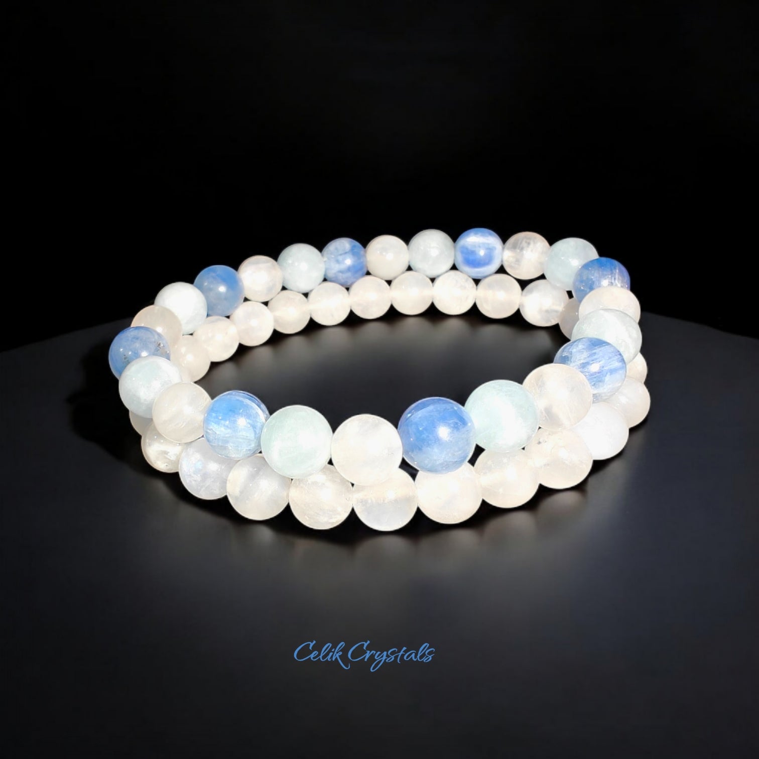 Kyanite, Aquamarine, Moonstone Bracelet Stack 2 Pieces 8mm Unisex