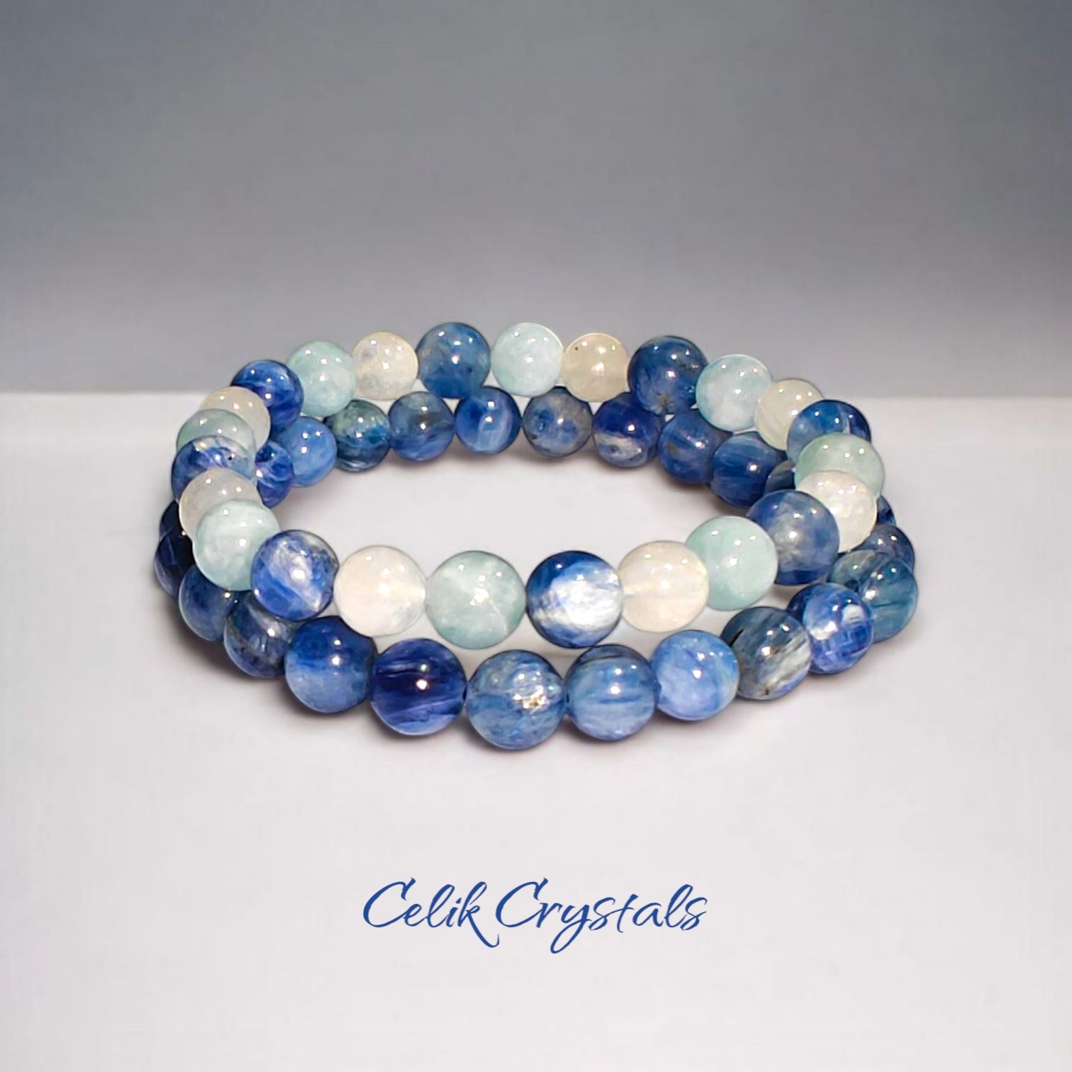 Kyanite, Aquamarine, Moonstone Bracelet Stack 2 Pieces 8mm Unisex