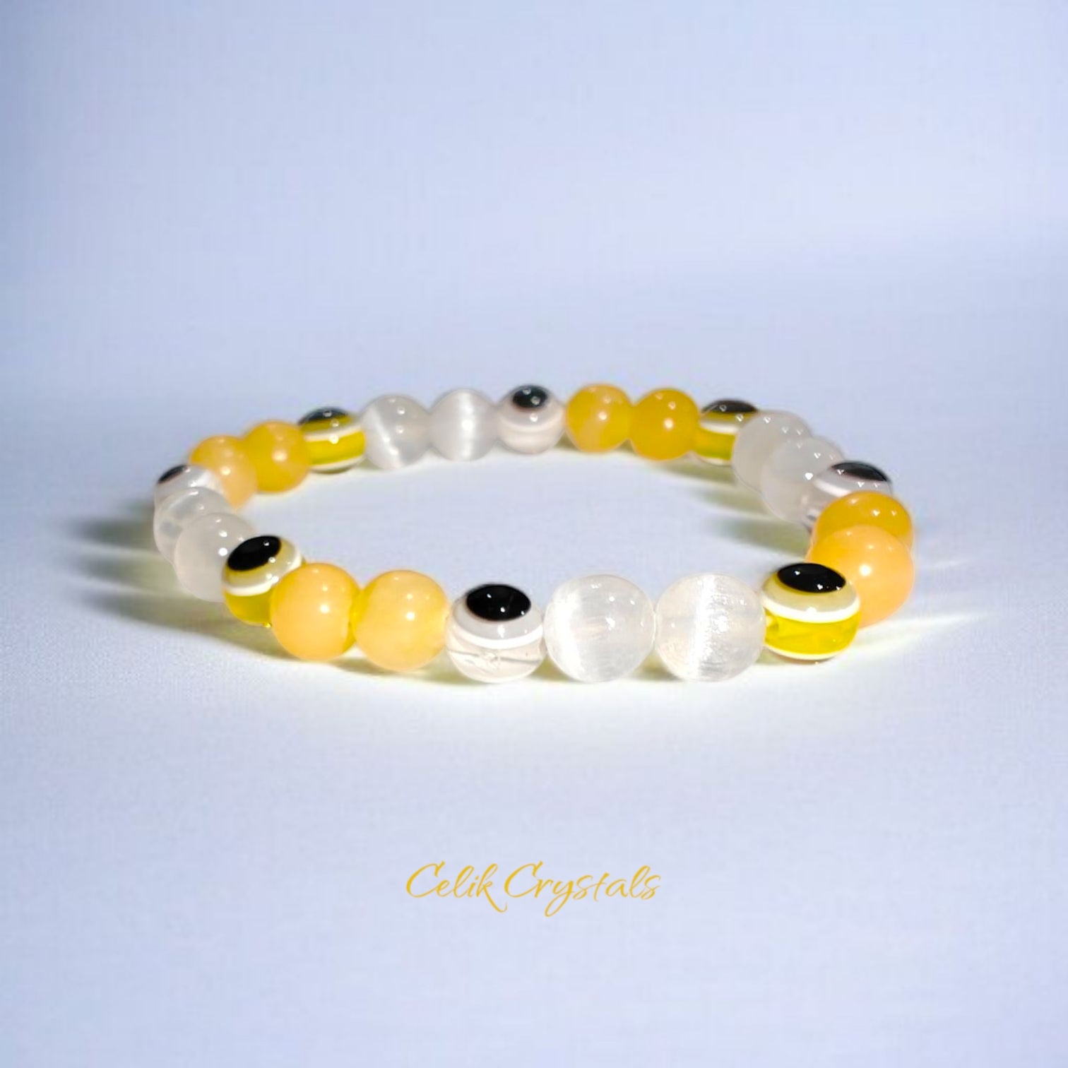 Yellow and White Evil Eye Bracelet with Honey Calcite and Selenite 8mm beads natural stones
