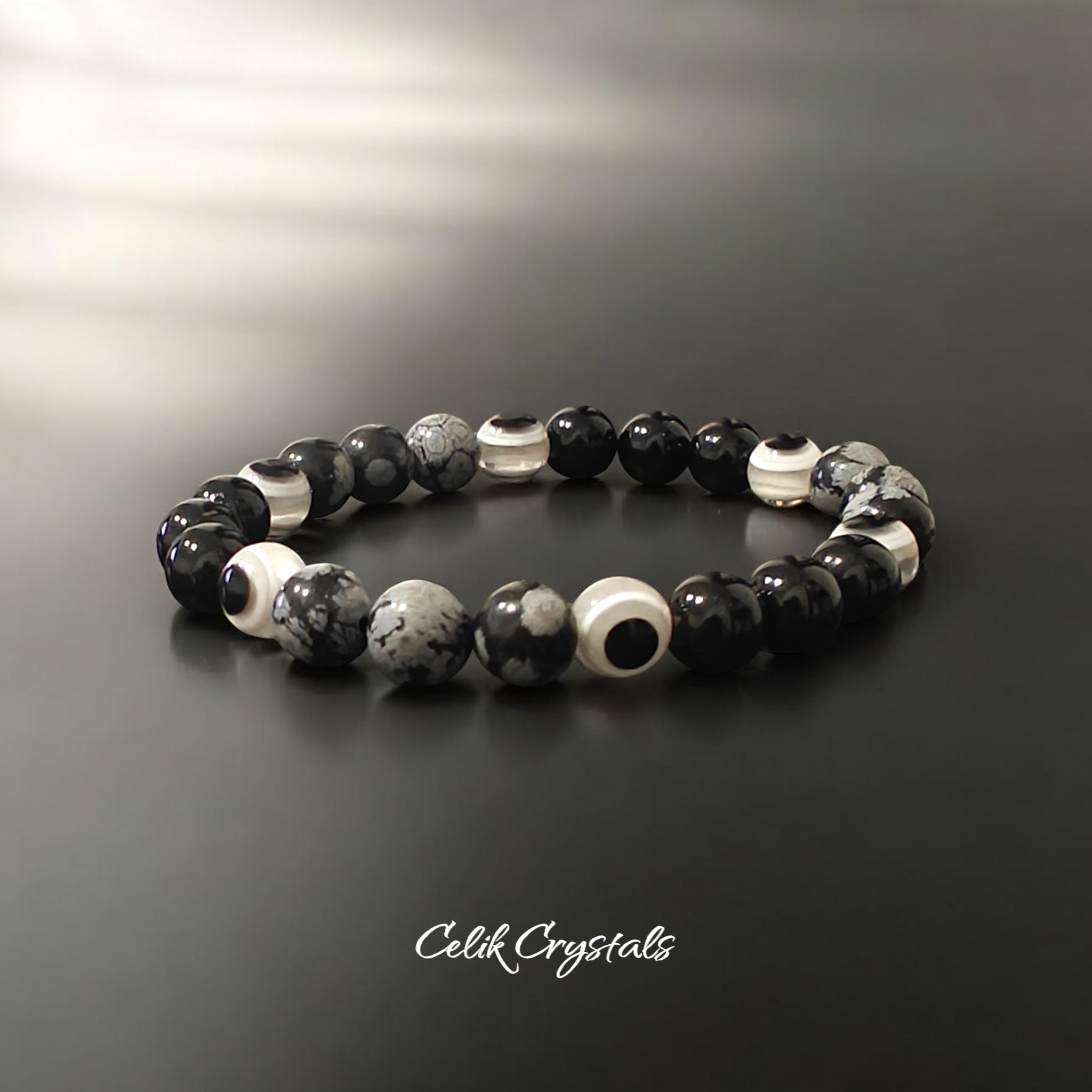 Evil Eye Bracelet with Silver Obsidian and Black Tourmaline 8mm Stretch Bracelet