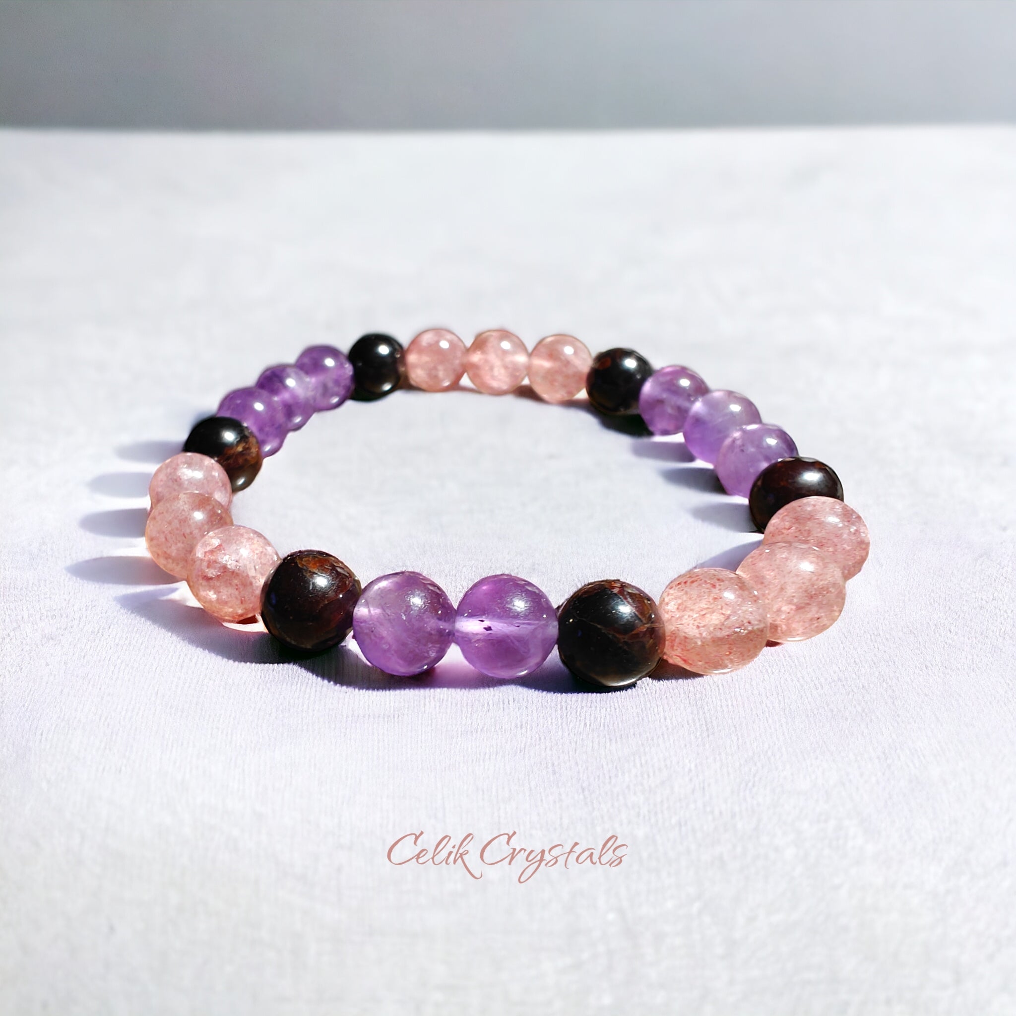 Strawberry Quartz, Amethyst and Garnet Crystal Beads Bracelet 8mm