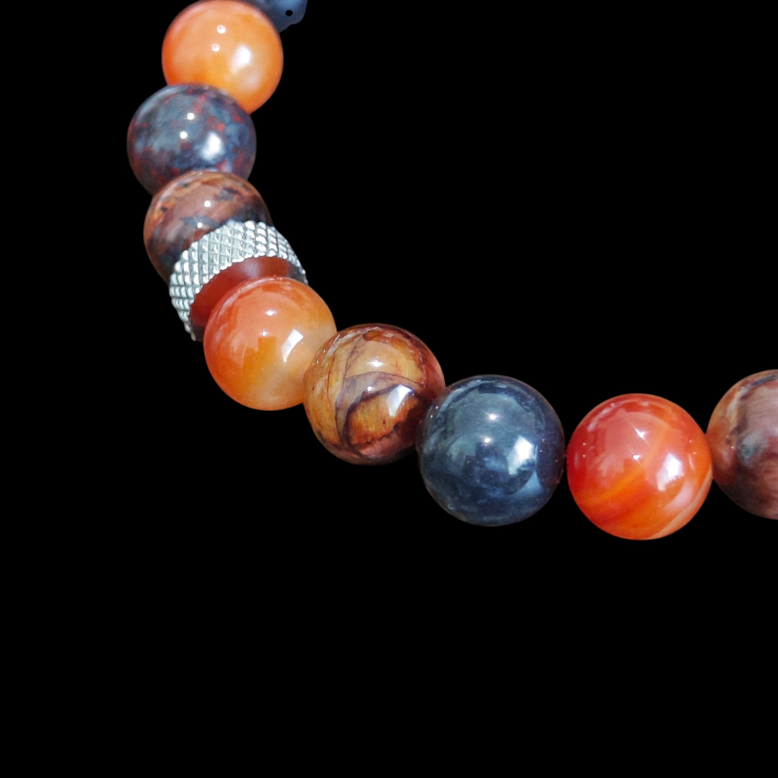 Bloodstone Jasper Bracelet with Carnelian, Red Tiger Eye and Stainless Steel Spacers