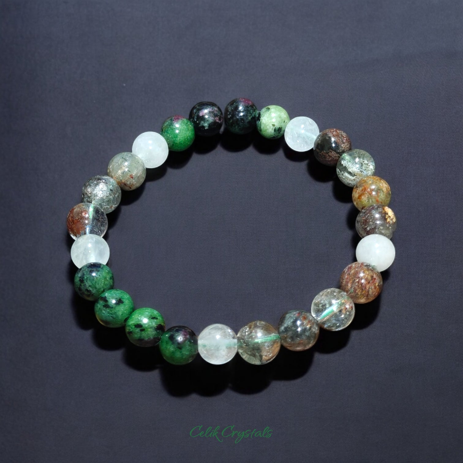 Ruby Zoisite, Garden Quartz and White Quartz Bracelet Natural Stones 8mm Stretches Unisex Healing Bracelet