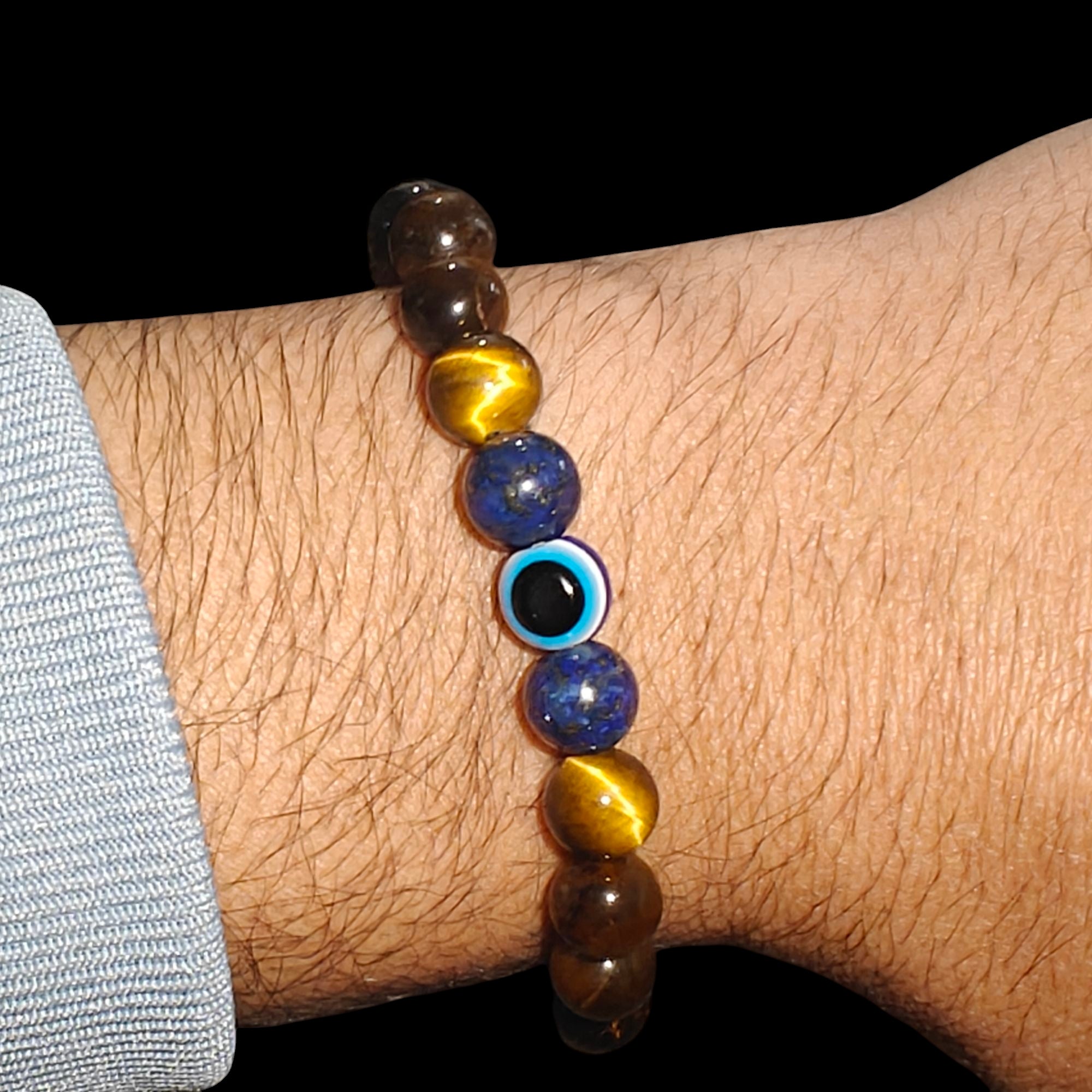 Evil Eye Bracelet with Tiger's Eye and Lapis Lazuli 8mm Stretches Unisex Healing Bracelet