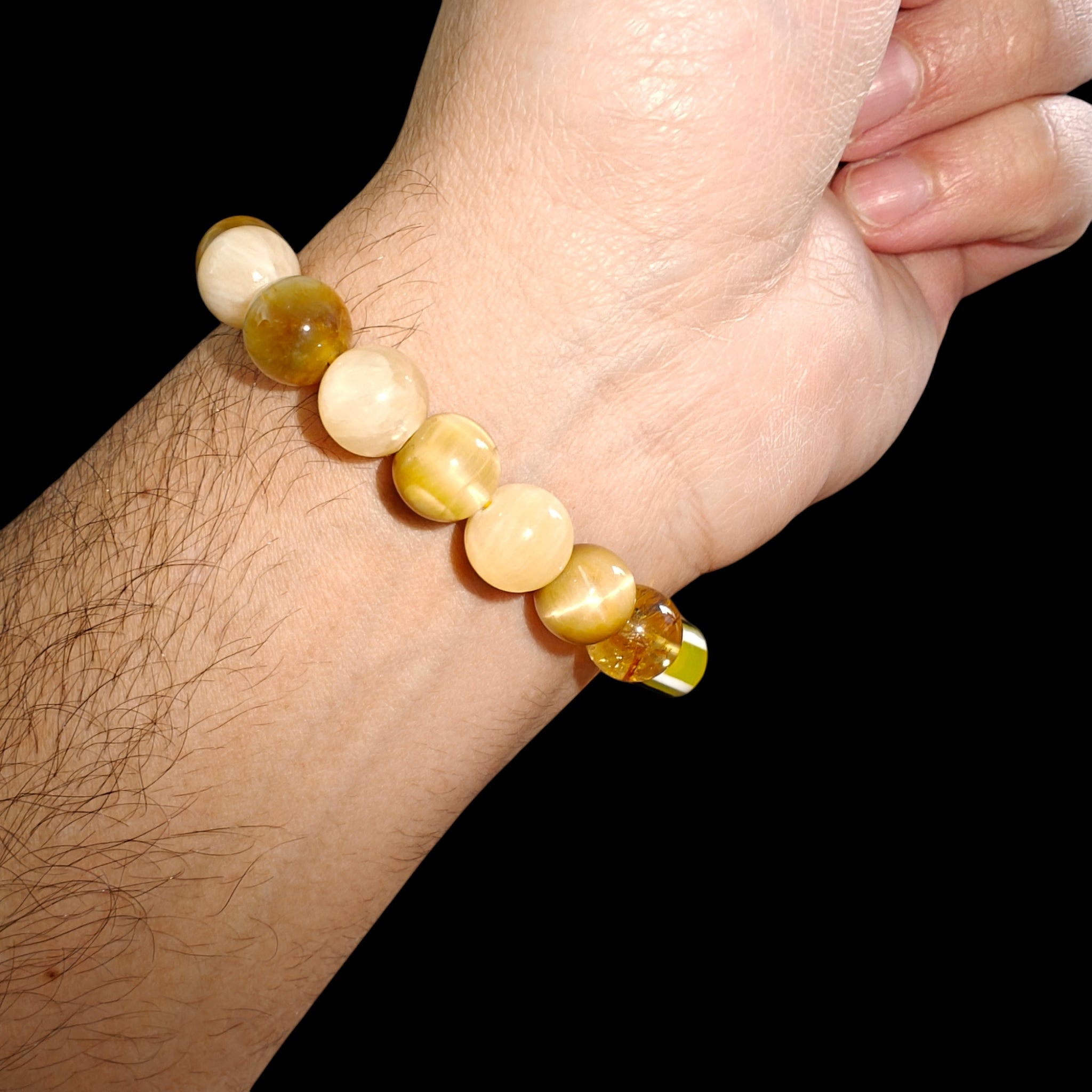 Yellow Evil Eye Bracelet with Citrine, Tiger Eye and Honey Calcite Natural Stones 10mm Unisex Stretch Bead Bracelet
