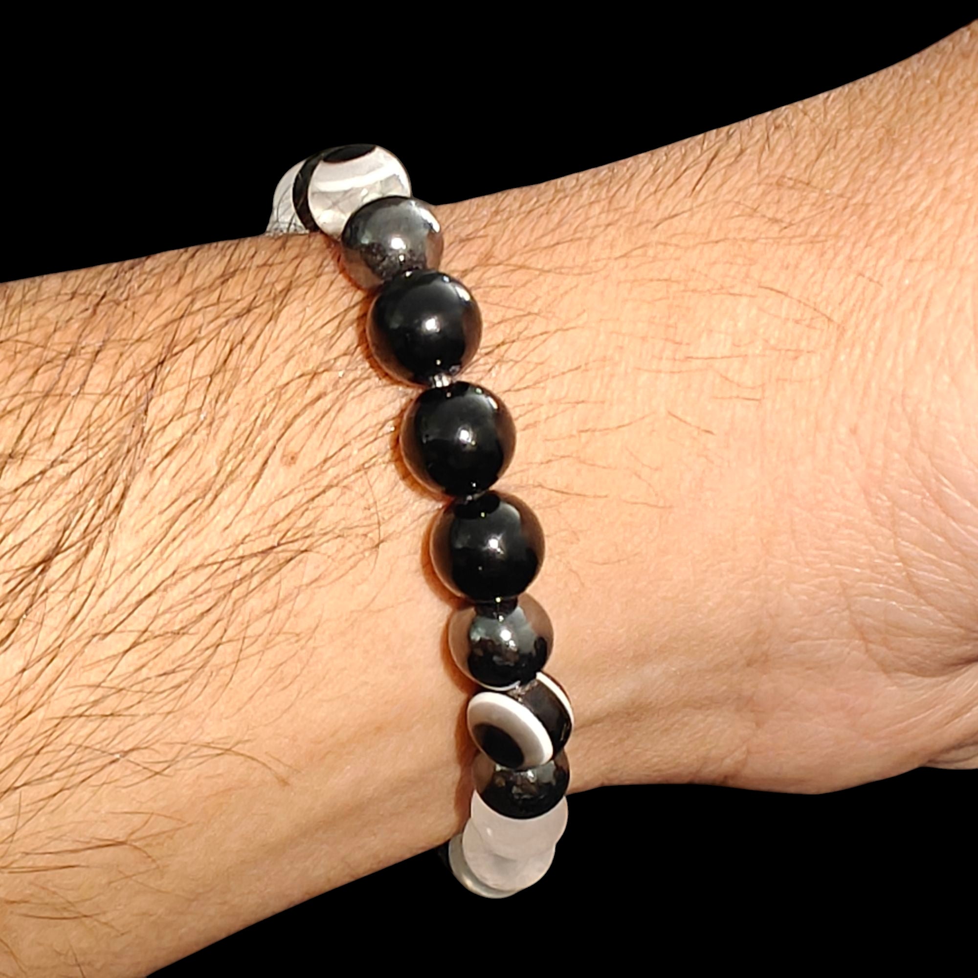 Evil Eye Bracelet with Hematite Black Tourmaline Selenite Natural Stones 8mm or 10mm beads Handmade