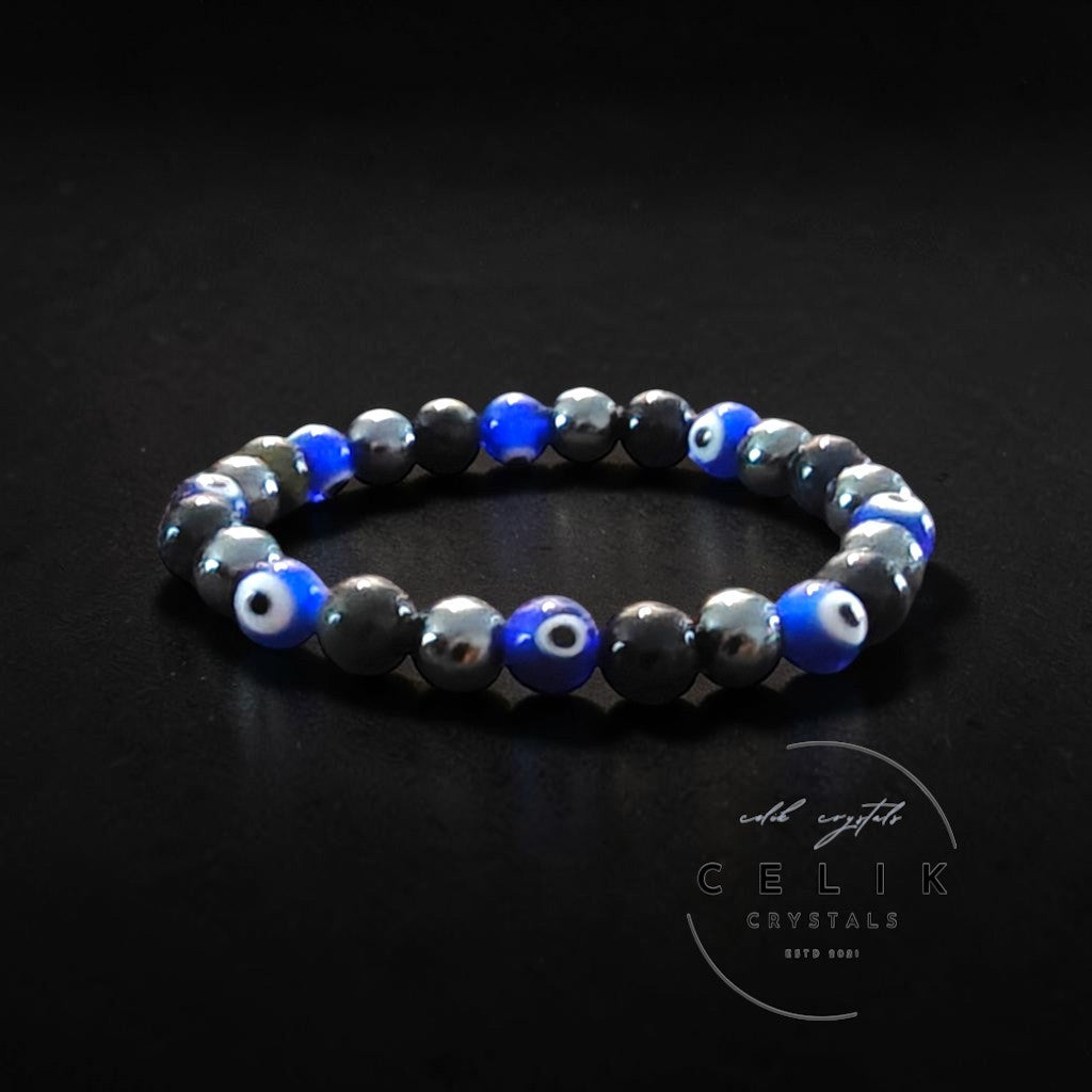 Evil Eye Bracelet - Blue Tiger & Hematite 8mm Unisex