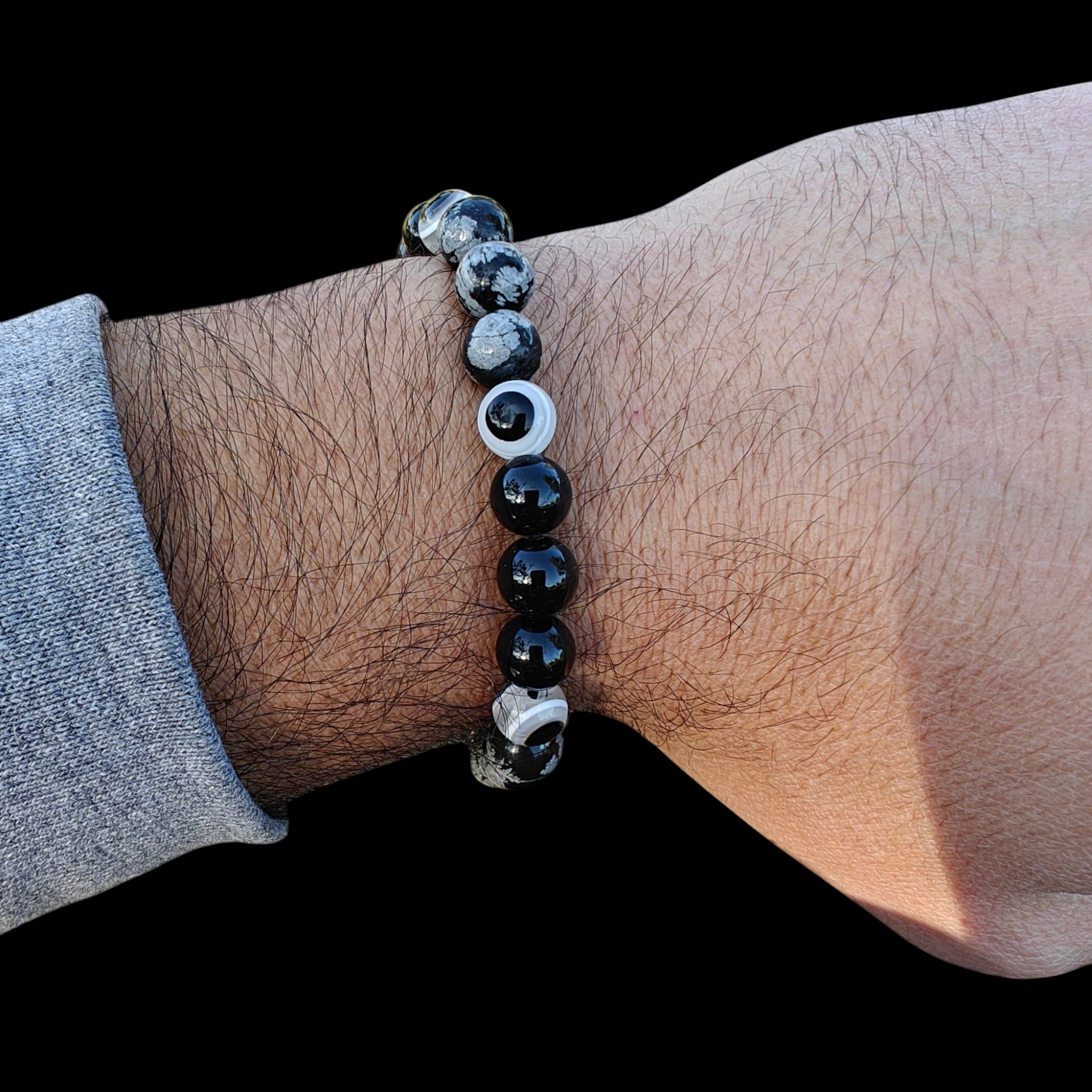 Evil Eye Bracelet with Silver Obsidian and Black Tourmaline 8mm Stretch Bracelet