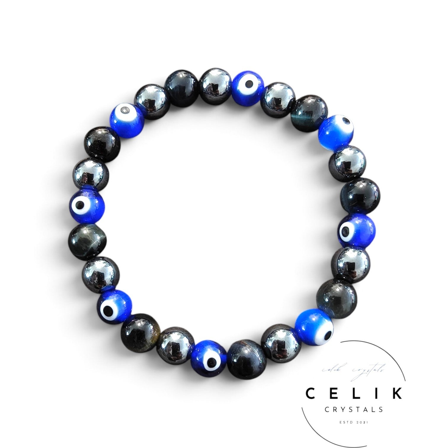 Evil Eye Bracelet - Blue Tiger & Hematite 8mm Unisex