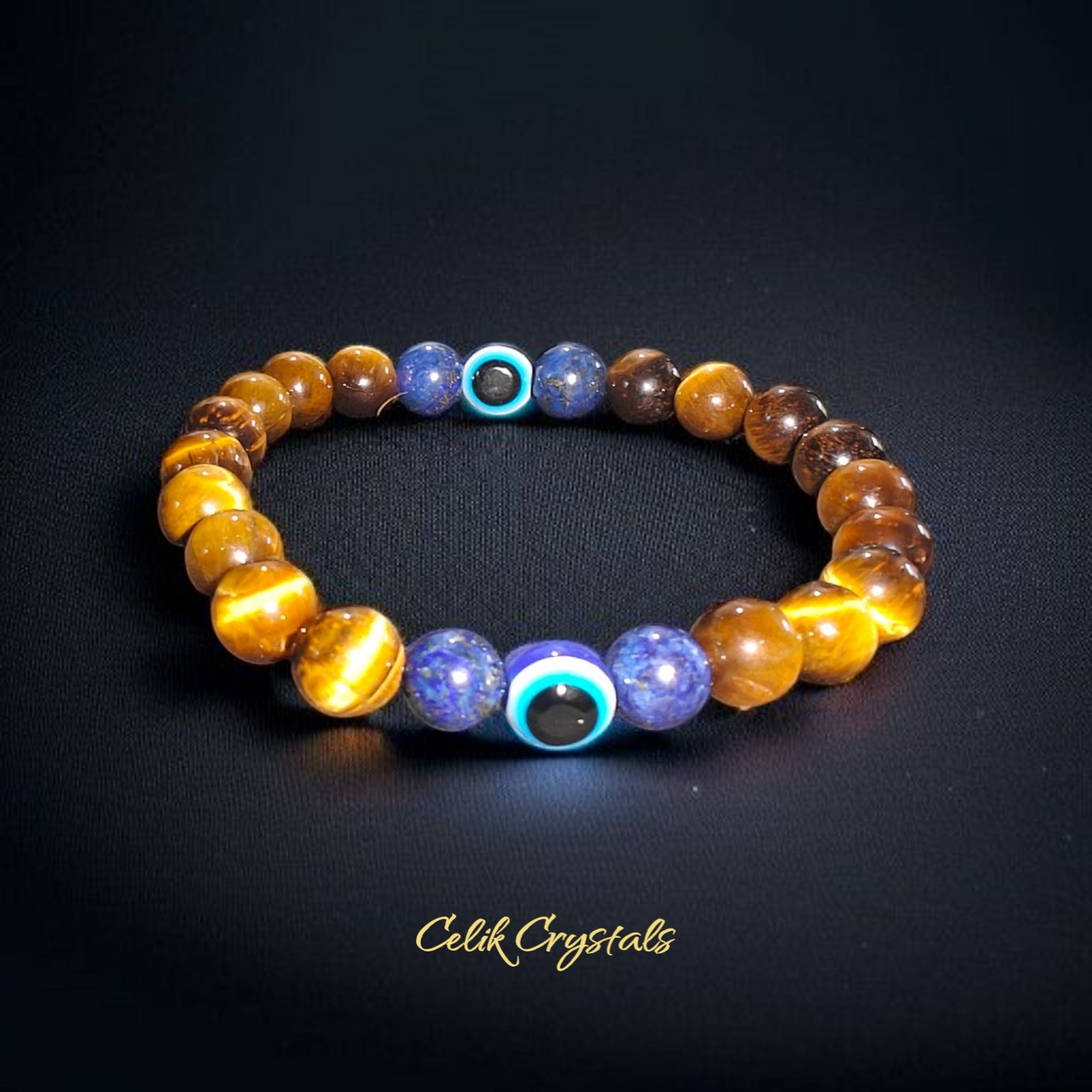 Evil Eye Bracelet with Tiger's Eye and Lapis Lazuli 8mm Stretches Unisex Healing Bracelet
