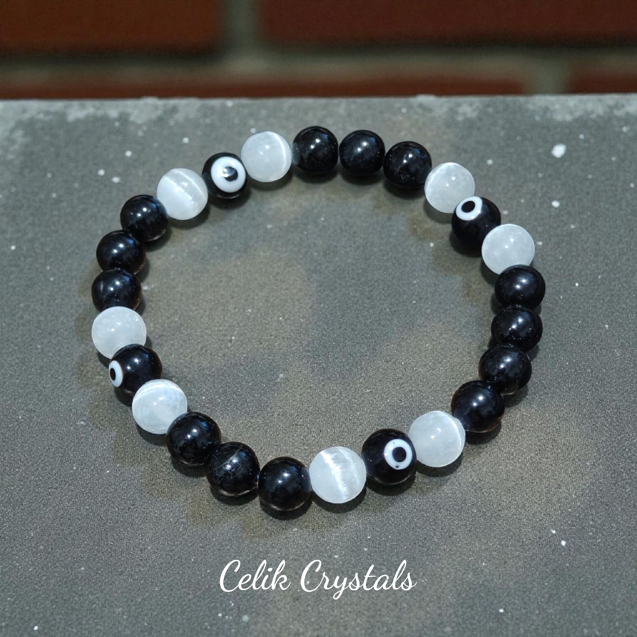 Selenite Black Tourmaline Evil Eye Bracelet 8mm Unisex