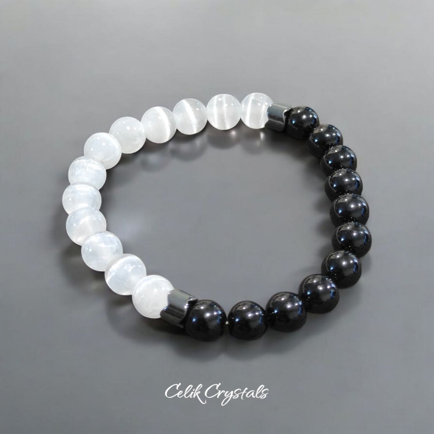Selenite and Black Tourmaline Bracelet With Hematite spacers 8mm beads natural stones Unisex design Stretches