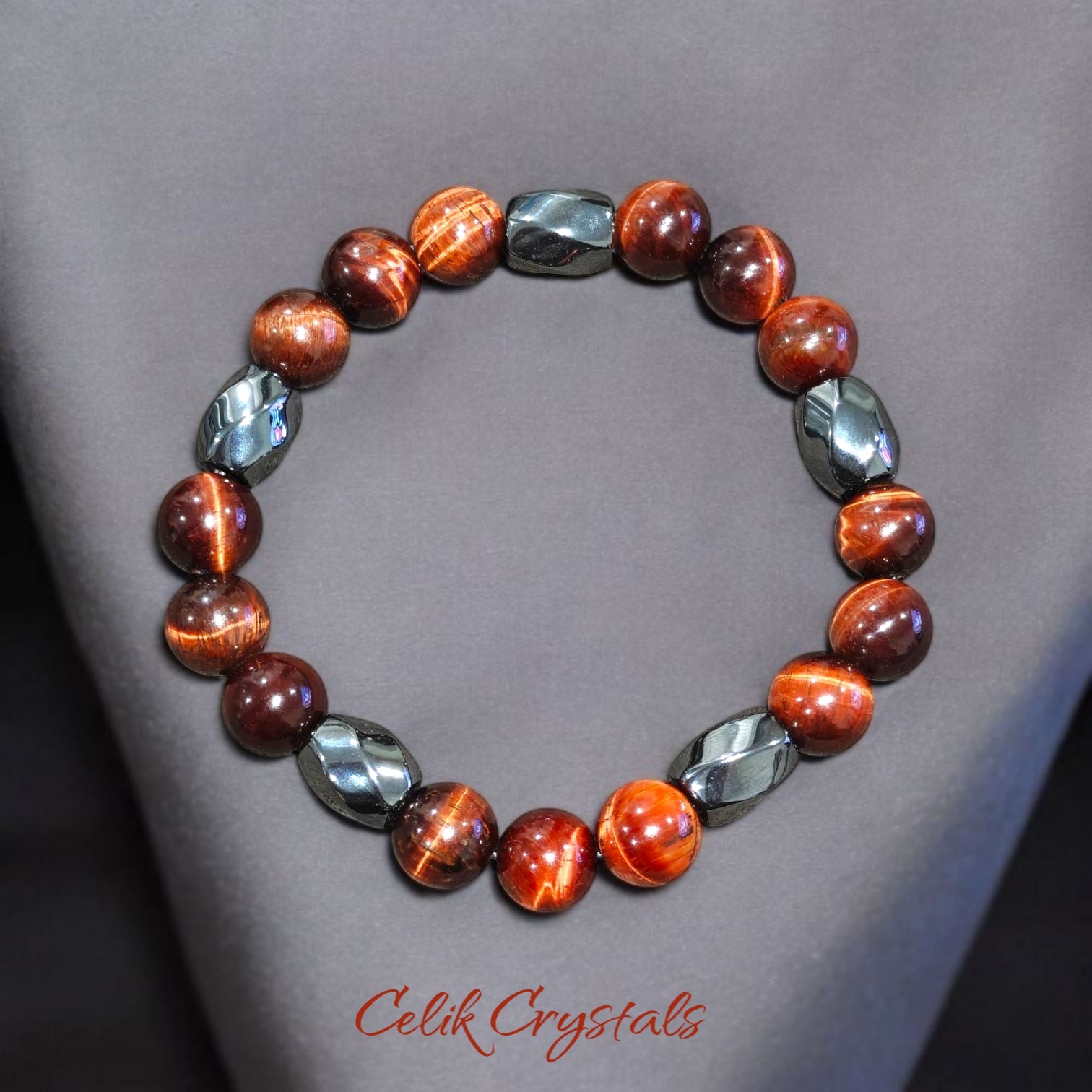 Red Tiger Eye Bracelet with Hematite Natural Stones 10mm Unisex Stretch Bead Bracelet