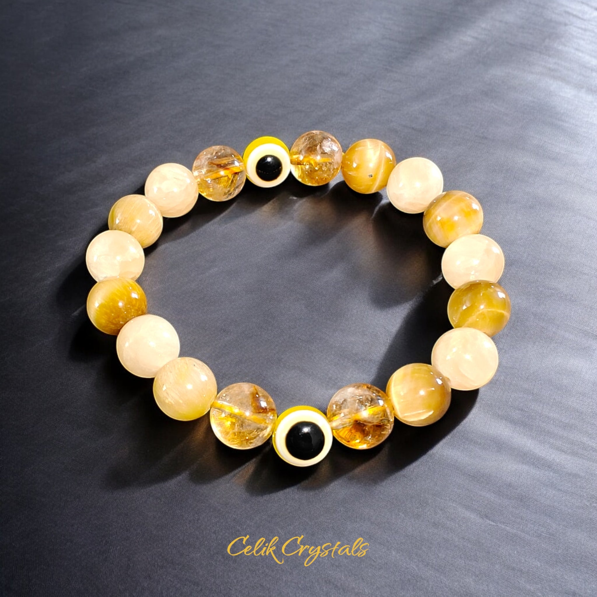 Yellow Evil Eye Bracelet with Citrine, Tiger Eye and Honey Calcite Natural Stones 10mm Unisex Stretch Bead Bracelet