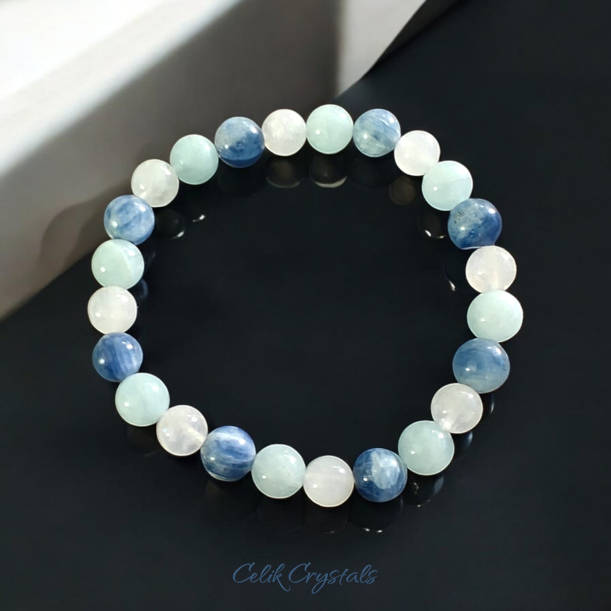 Kyanite Bracelet with Moonstone and Aquamarine natural crystals on a stretch 8mm Stretch Band