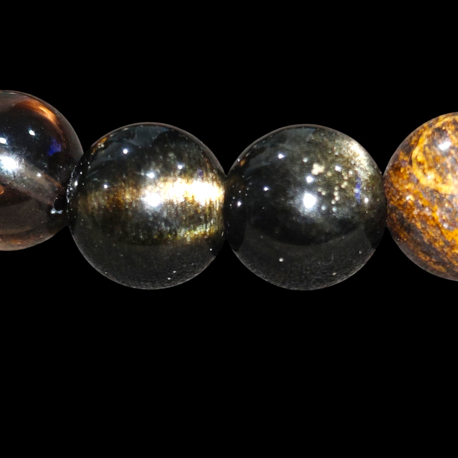 Protection Bracelet with Pyrite, Tiger Eye, Bronzite, Gold Obsidian and Smoky Quartz 10mm Natural Stones Stretch