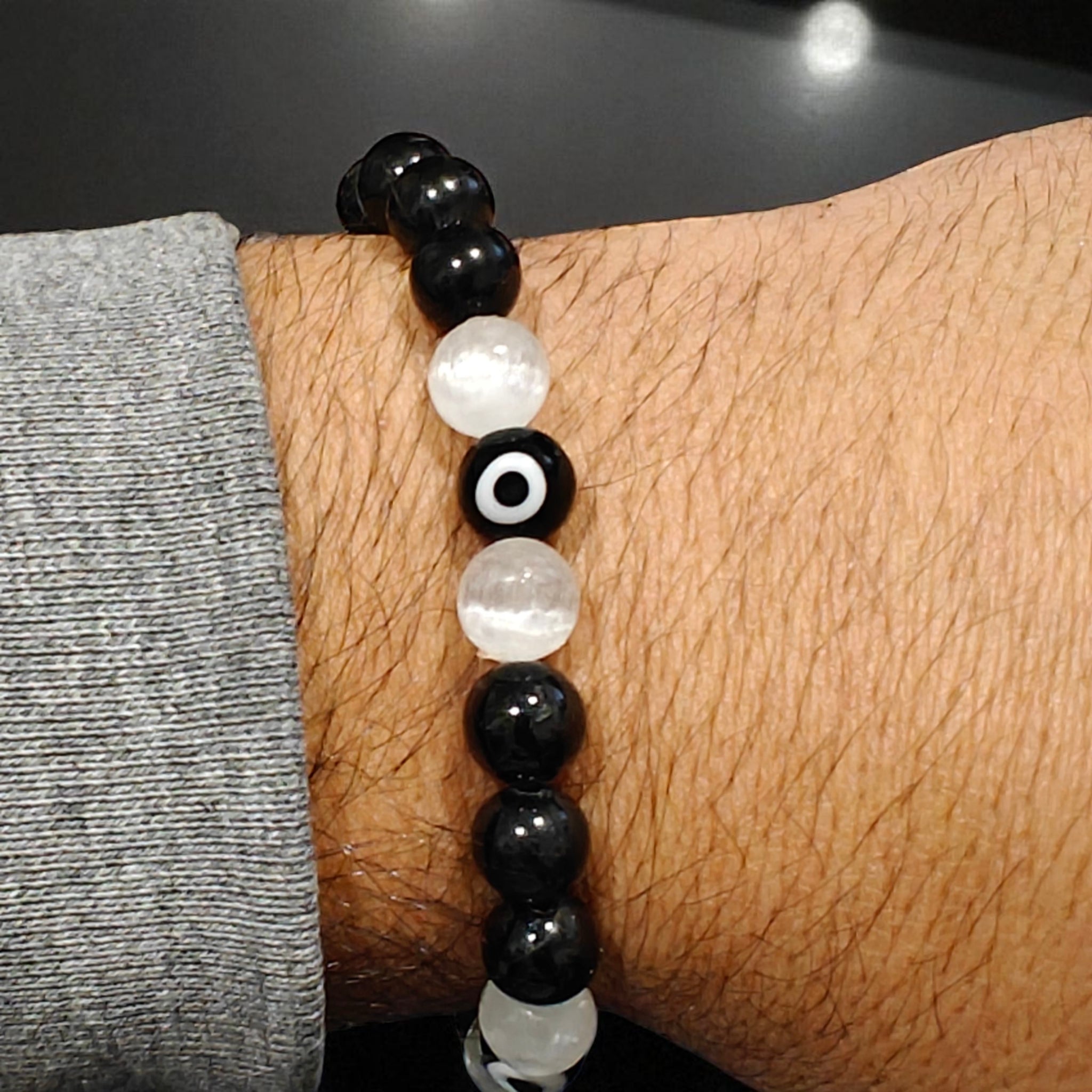 Selenite Black Tourmaline Evil Eye Bracelet 8mm Unisex