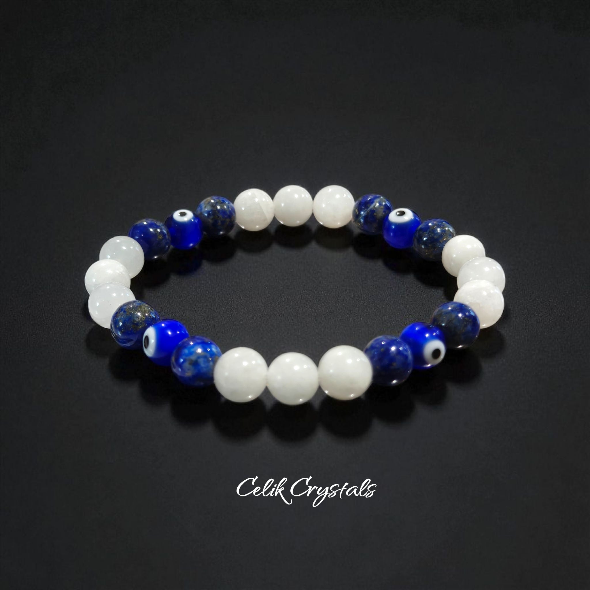 Lapis Lazuli and Moonstone Evil Eye Bracelet 8mm