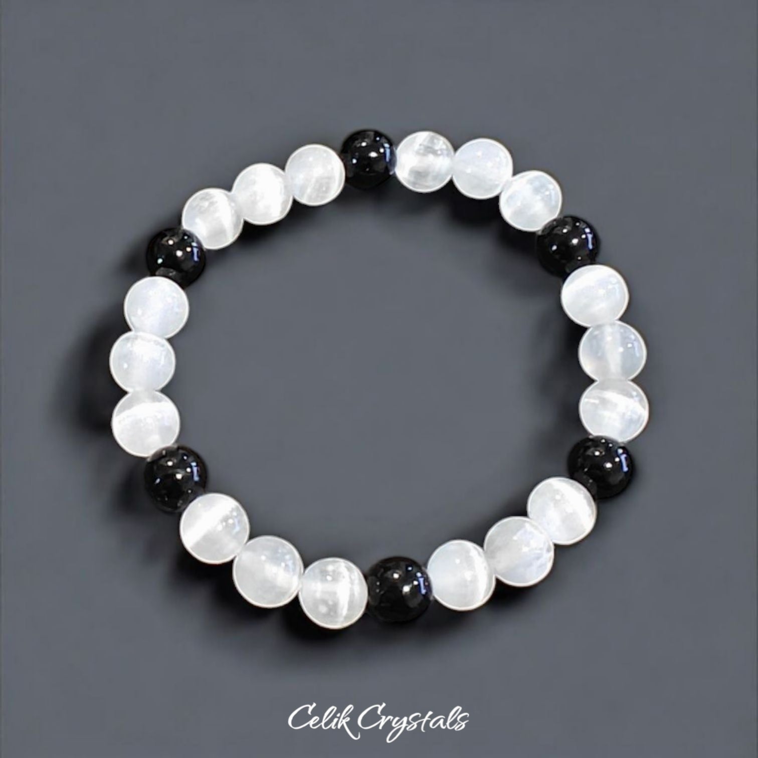Selenite and Black Tourmaline Bracelet Set 2 Pieces Natural Stones Unisex design Stretches 8mm beads