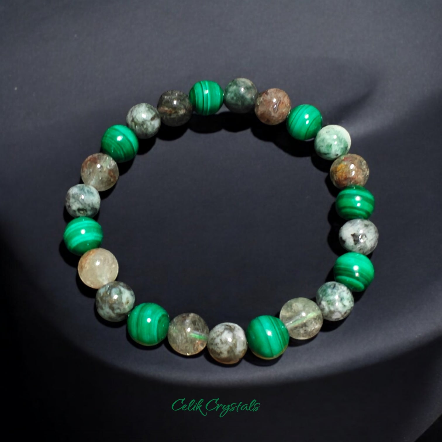 Malachite Bracelet with Green Pyrite and Garden Quartz 8mm Unisex Natural Stones Handmade Stretch Bead Bracelet