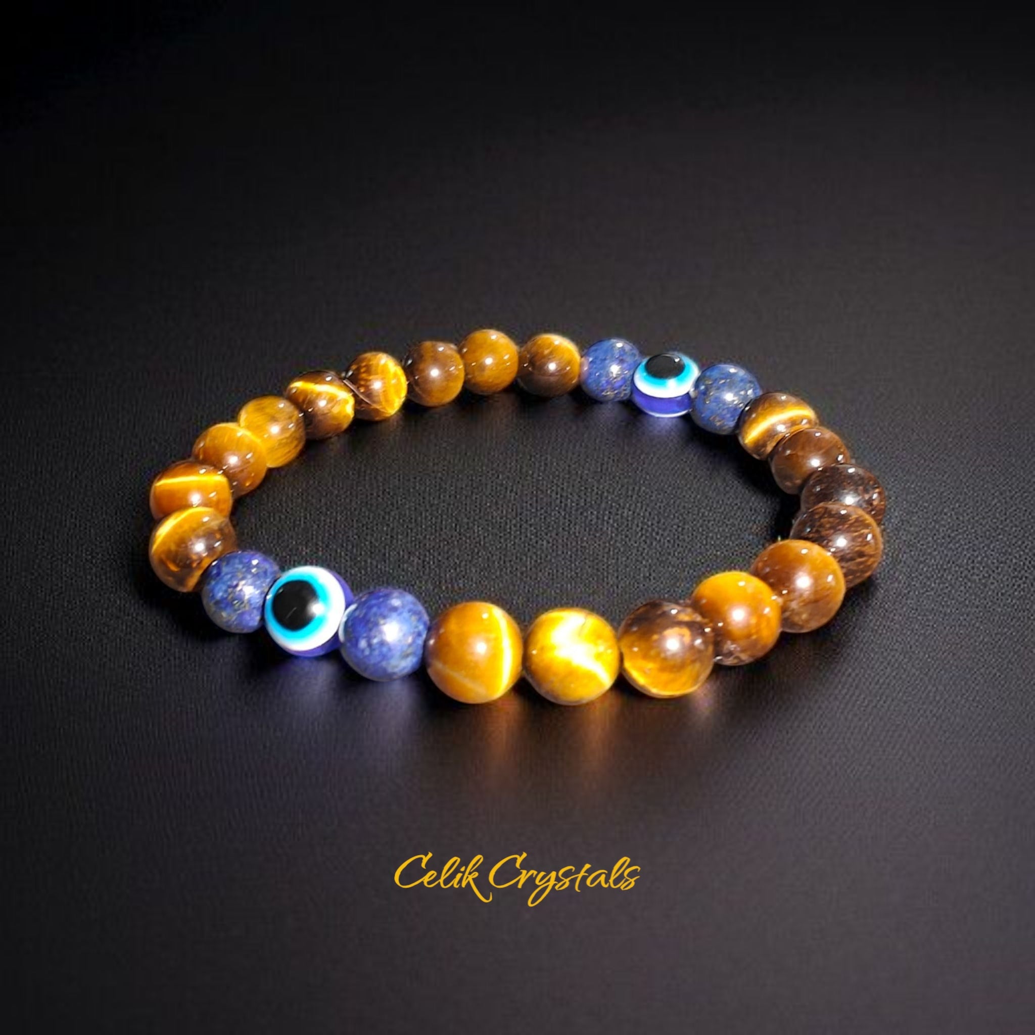 Evil Eye Bracelet with Tiger's Eye and Lapis Lazuli 8mm Stretches Unisex Healing Bracelet