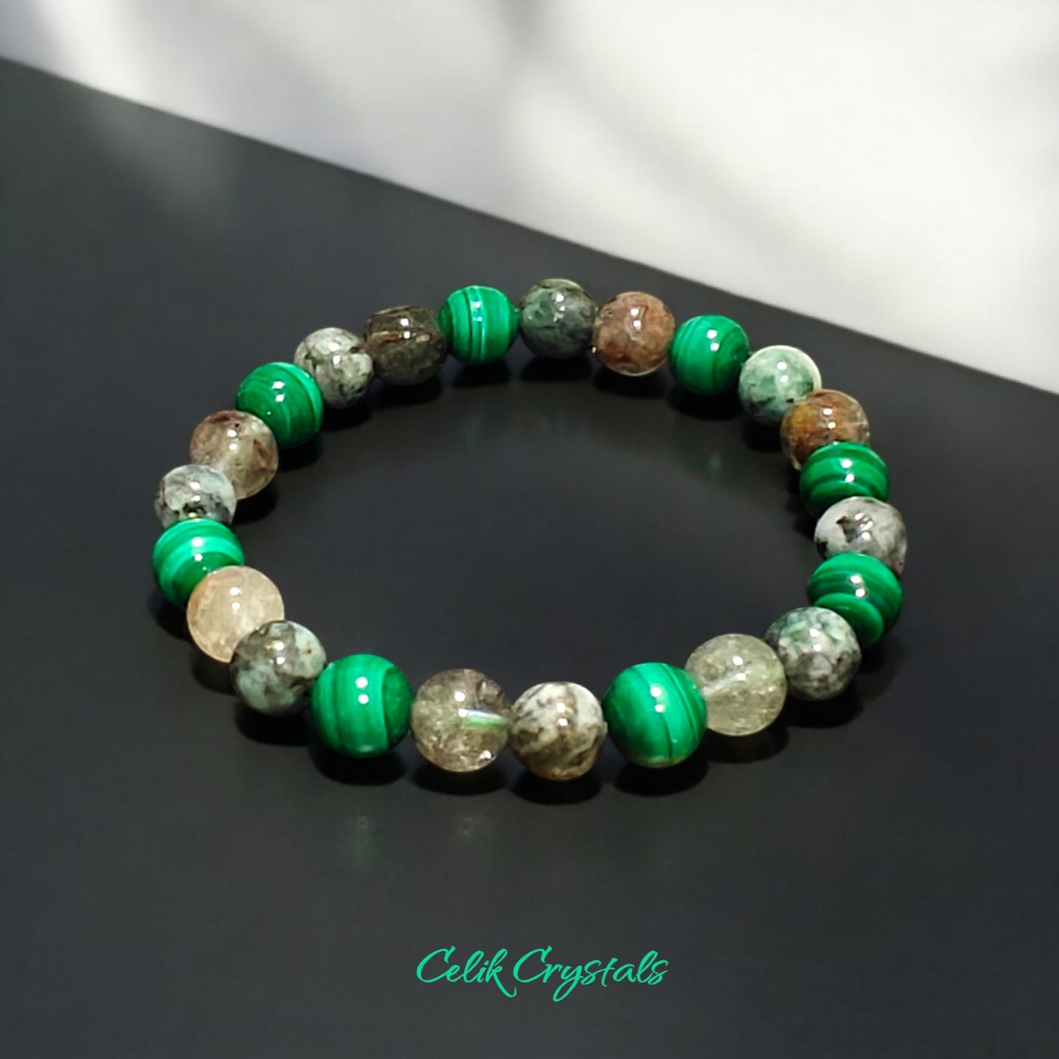 Malachite Bracelet with Green Pyrite and Garden Quartz 8mm Unisex Natural Stones Handmade Stretch Bead Bracelet