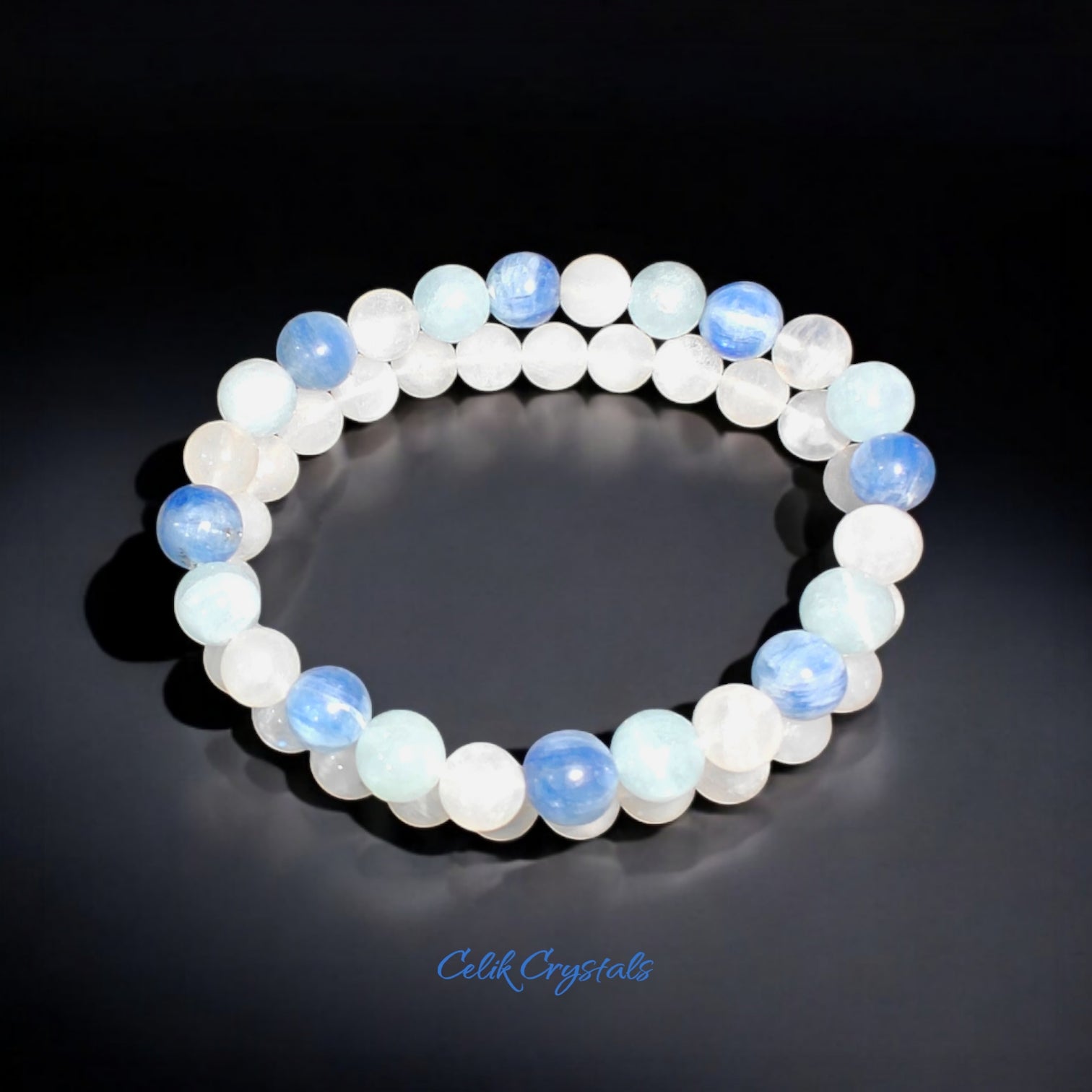 Kyanite, Aquamarine, Moonstone Bracelet Stack 2 Pieces 8mm Unisex