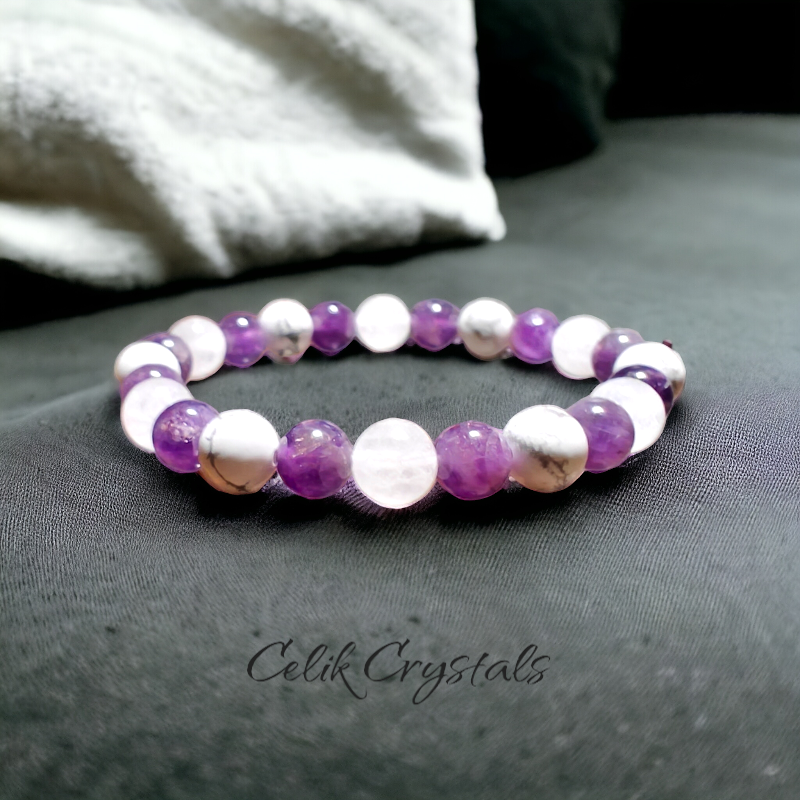 Triple Protection Amethyst White Quartz and Howlite Bracelet