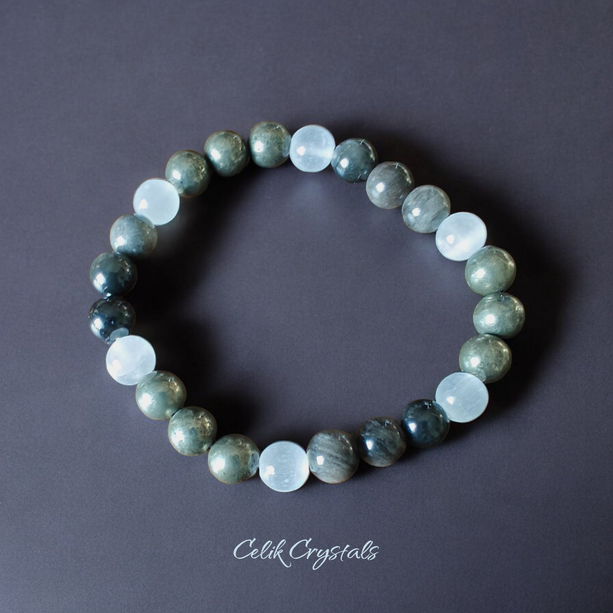 Pyrite, Selenite and Silver Obsidian Bracelet 
