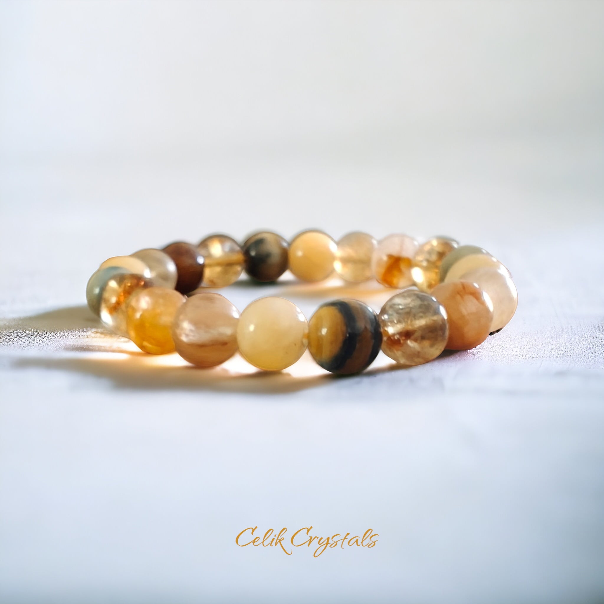 Citrine and Tiger Eye Bracelet Natural Stones 10mm Unisex Stretch Bead Bracelet 