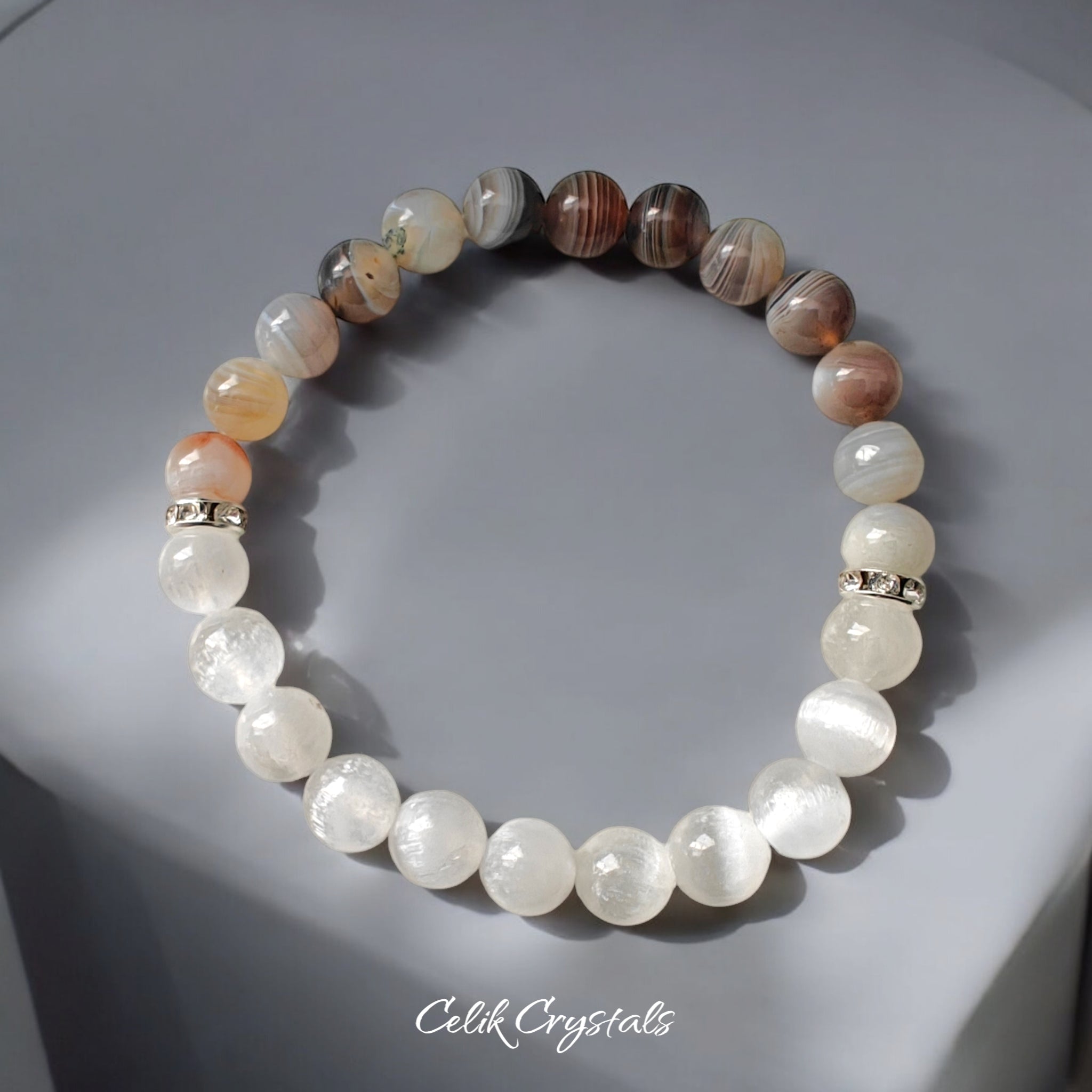 Botswana Agate and Selenite Bracelet 8mm Natural Stones Stretches 