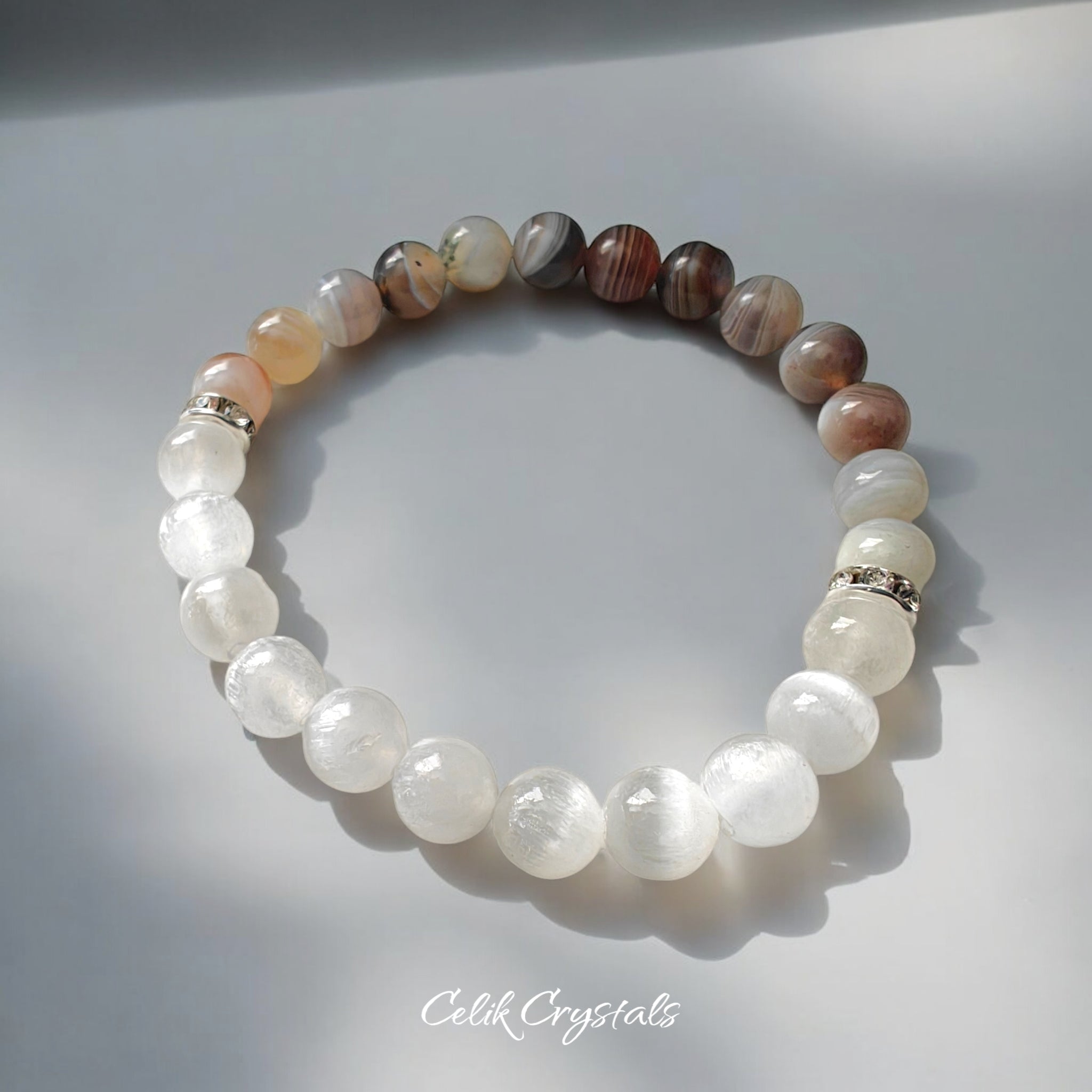 Botswana Agate and Selenite Bracelet 8mm Natural Stones Stretches 