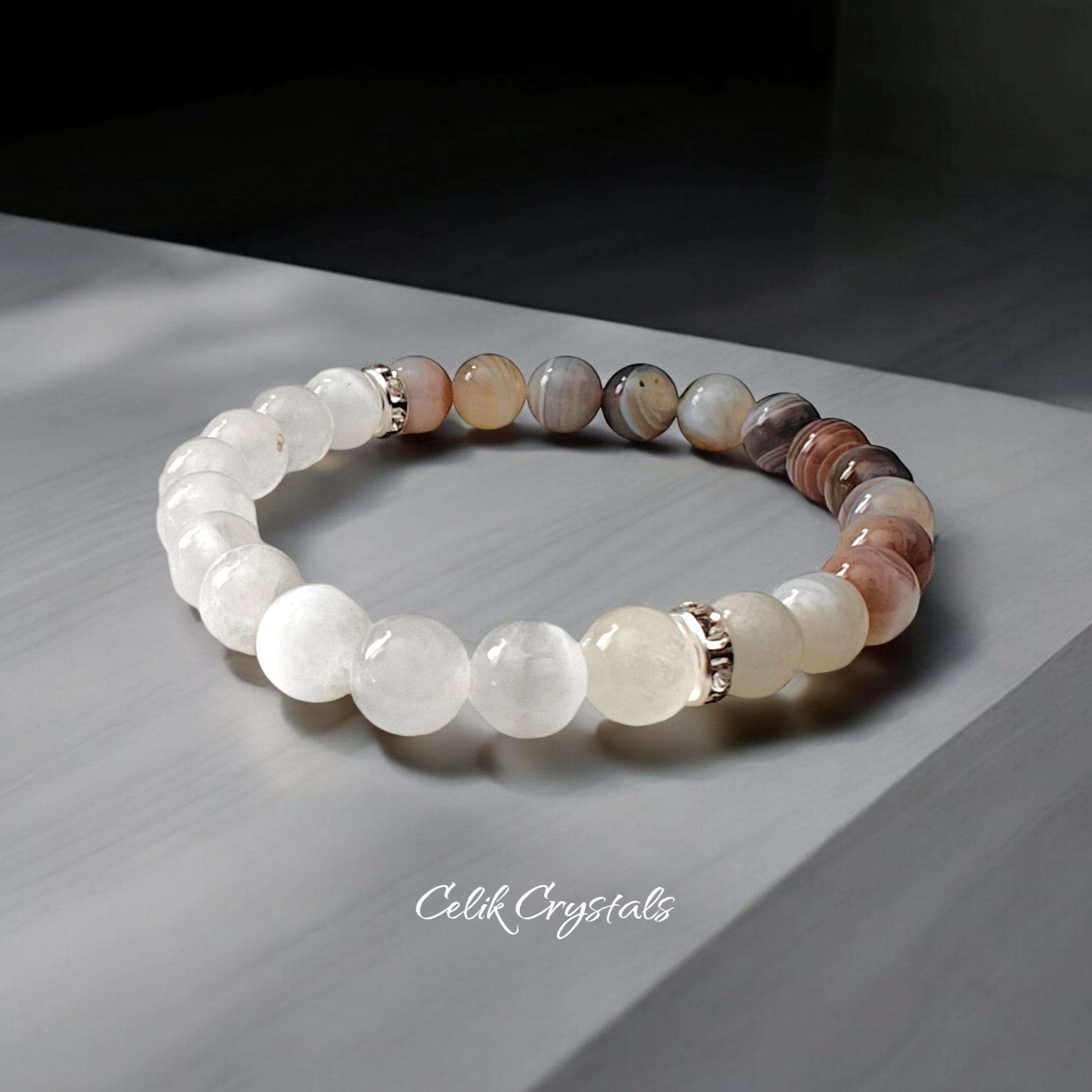 Botswana Agate and Selenite Bracelet 8mm Natural Stones Stretches 