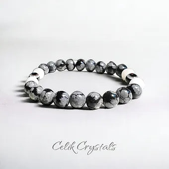 Evil Eye Bracelet with Snowflake Obsidian and Moonstone 