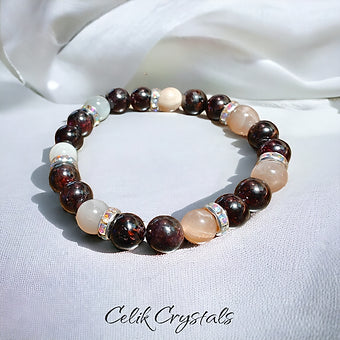 Red Garnet and Moonstone Bracelet Natural Stones 8mm Stretches 
