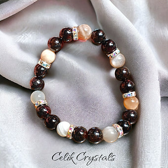 Red Garnet and Moonstone Bracelet Natural Stones 8mm Stretches 
