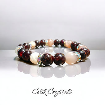 Red Garnet and Moonstone Bracelet Natural Stones 8mm Stretches 