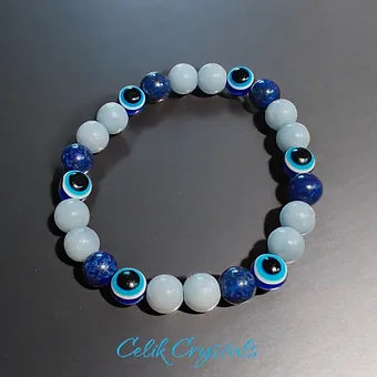 Evil Eye Bracelet with Lapis Lazuli and Angelite Stretches 