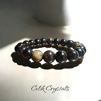 Gold Obsidian Bracelet Natural Stones Unisex Stretch Crystal Bracelet 