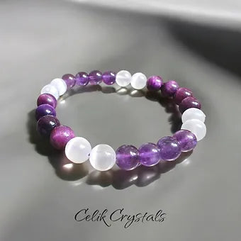 Amethyst Purple Tiger Eye and Selenite Bracelet 