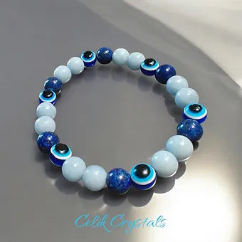 Evil Eye Bracelet with Lapis Lazuli and Angelite Stretches 